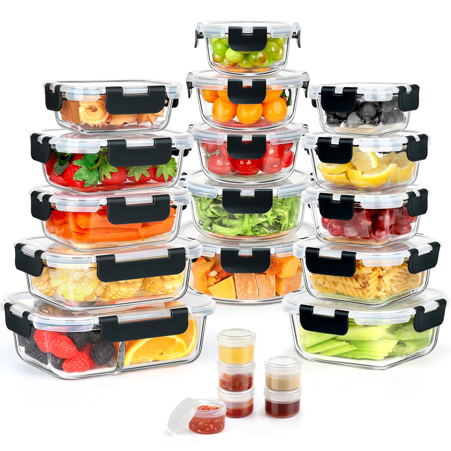 AMALEKO 42pcs Glass Food Storage Containers with Snap Locking Lids Set, Glass Meal Prep Containers (21 Container & 21 Lids),Leak Proof Lunch Containers BPA-Free,Black