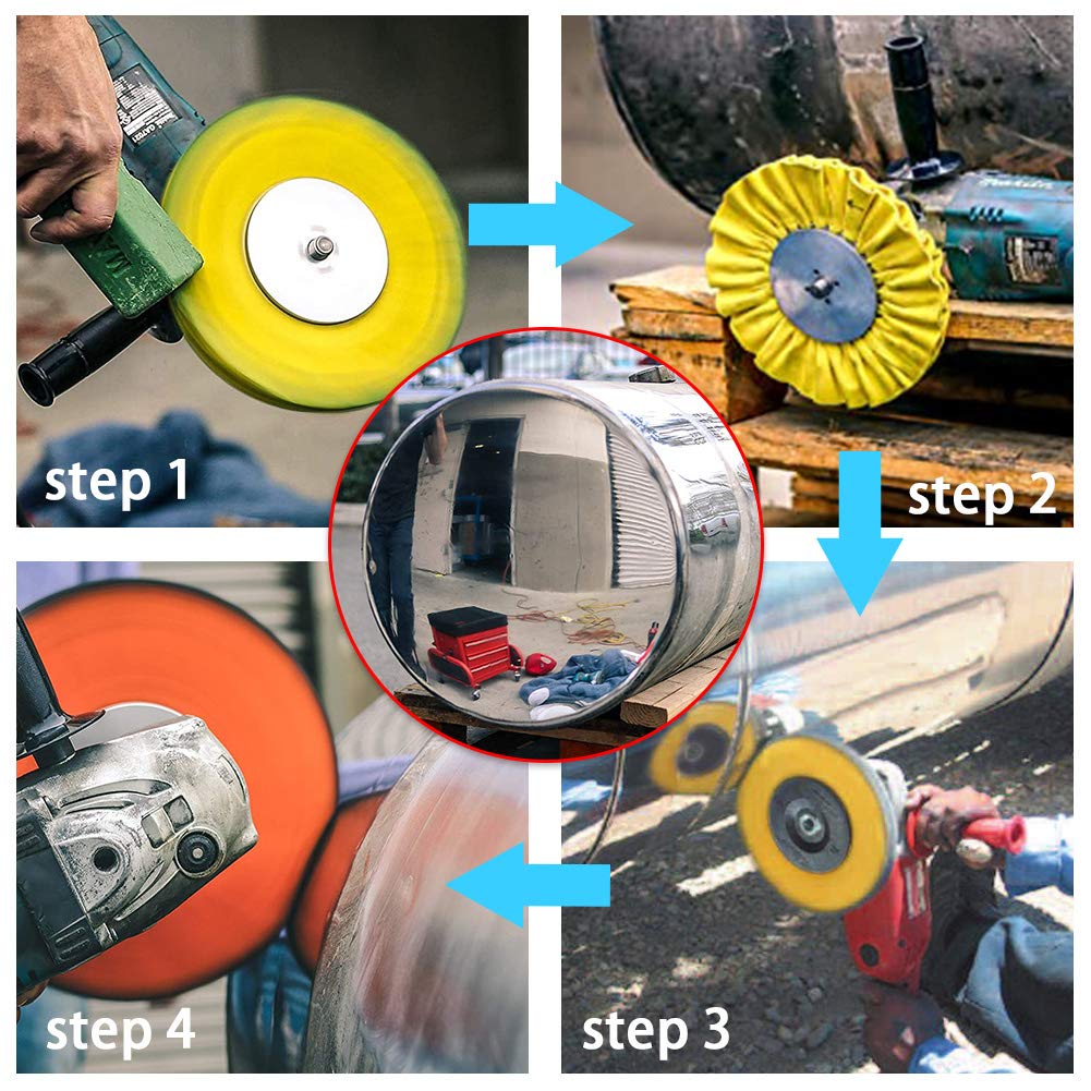 QZATTCAEN Airway Buffing Wheel Kit 4 Piece kit (1 pcs White & 1 pcs Orange & 1 pcs Blue & 1 pcs Yellow) 8" in Diameter 5/8" in Arbor Hole 12 Ply for Angle Grinder 4 Pcs