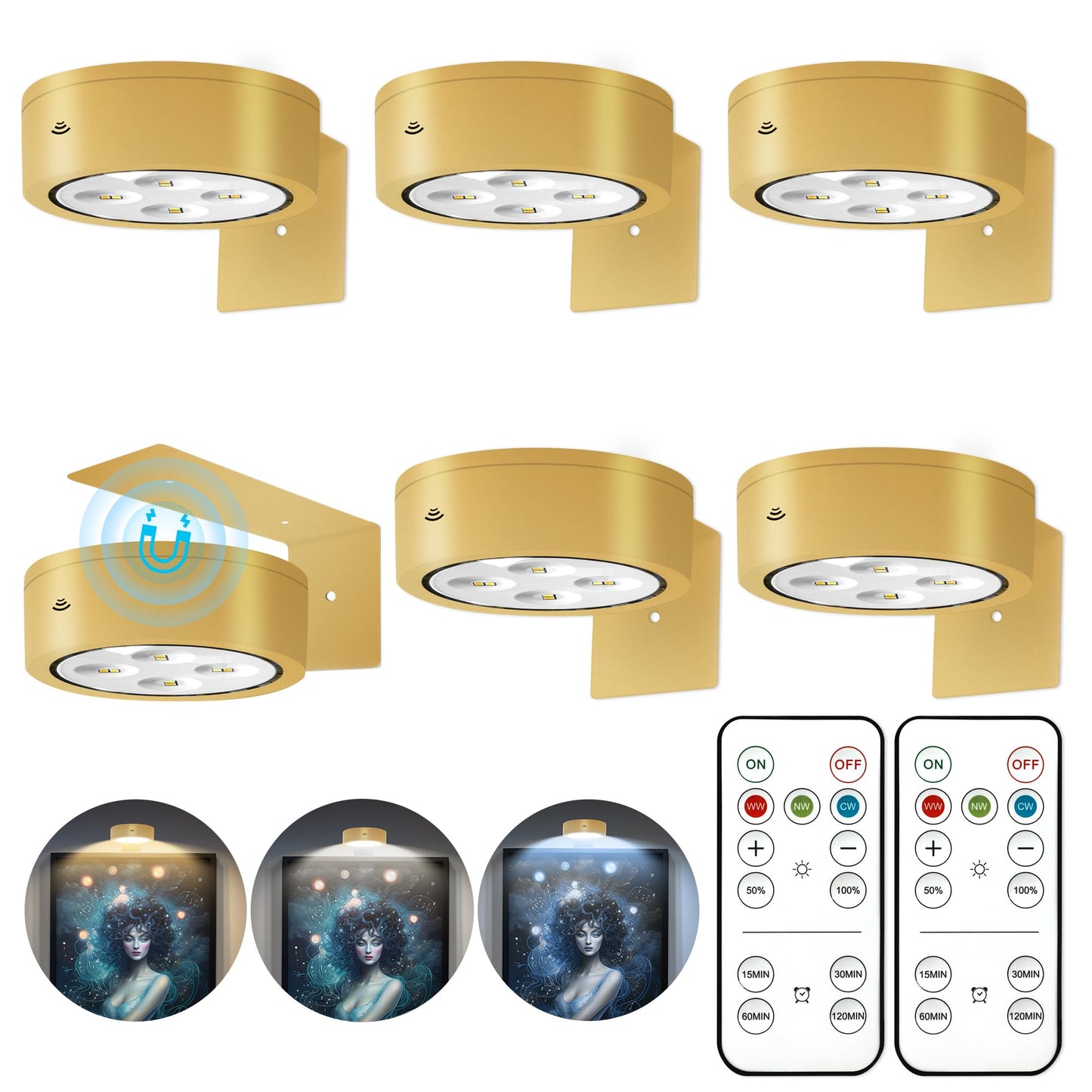 6Pcs Battery Operated Picture Light, Magnetic Led Painting Light with Remote Dimmable and Timer, 3 Lighting Modes Art Display Light for Picture Frame Paintings, Wireless Wall Decor Puck Lights, Gold