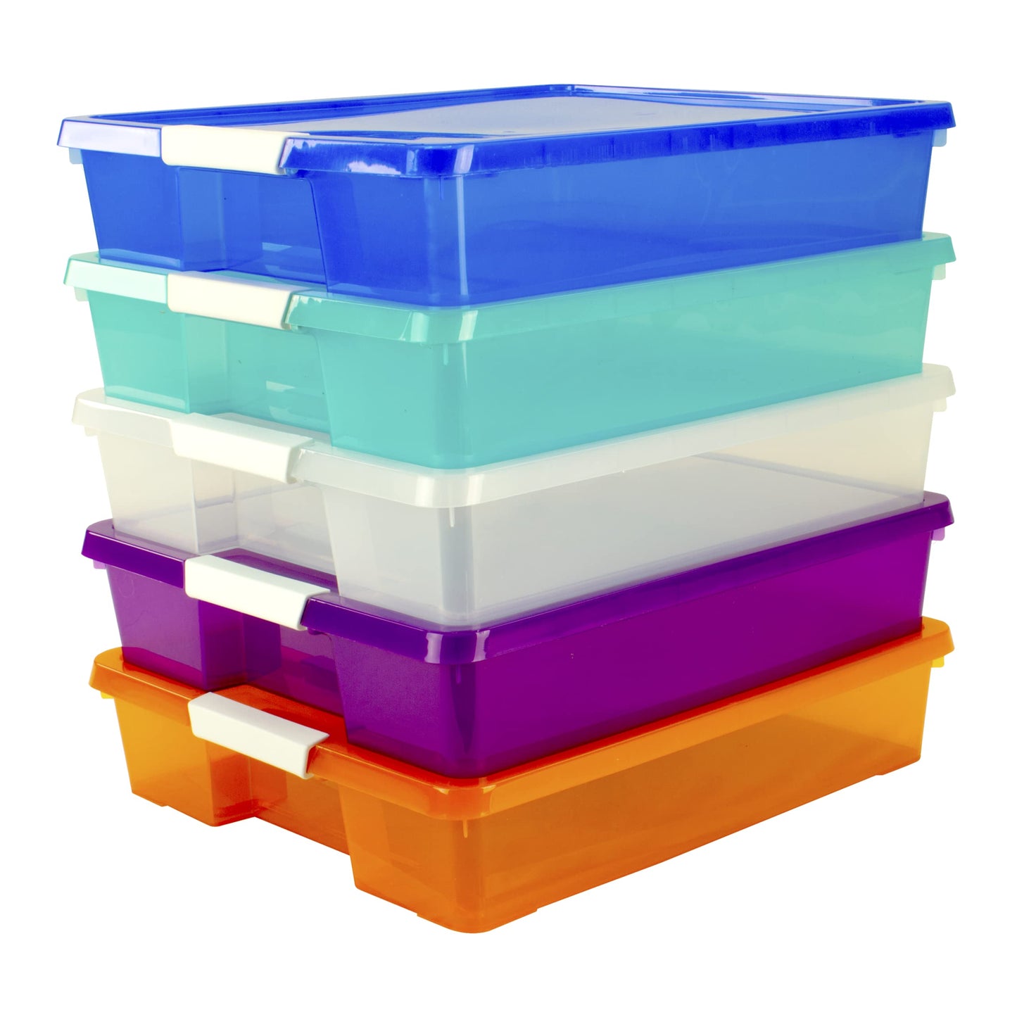 Storex Classroom Student Project Box, Plastic, 15.25 x 13.25 x 3.25 inches , Assorted Tints, 5-Pack (63202U05C), standard sized