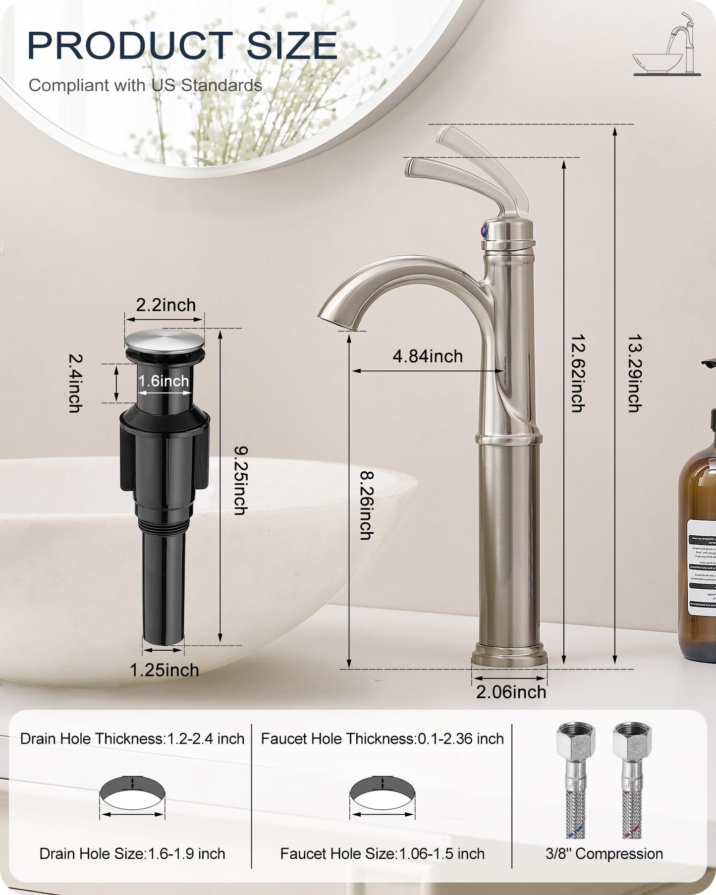HOIGY Brass Vessel Faucet Brushed Nickel, 1 Hole Tall Faucet for Bathroom Sink with Single Handle, Pop Up Drain & cUPC Water Hoses, Classic Aerator Style for Vessel Sink, 5 Mins Quick Installation