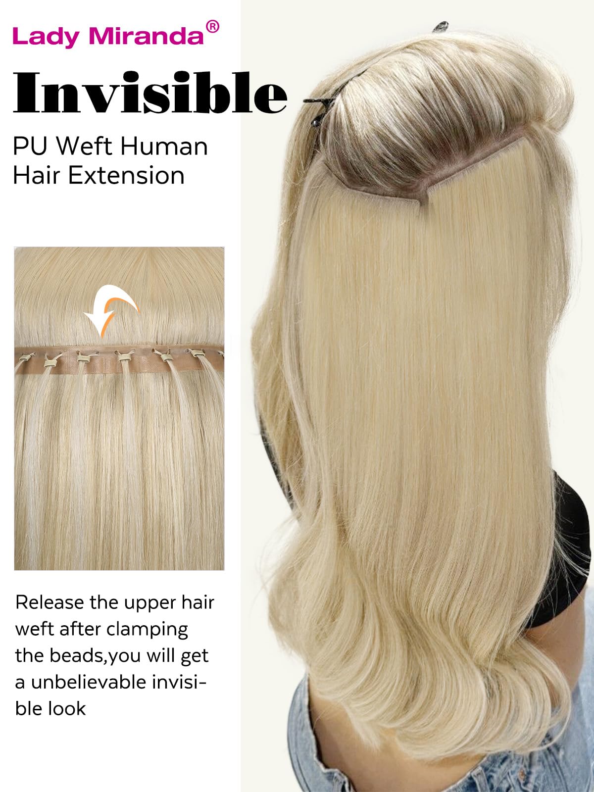 LADY MIRANDA Double Sided PU Invisible Weft Human Hair Extensions 18 Inch 100G Natural Black Micro Ring PU Hair Extensions Twin Tabs Invisible Weft Tape in Extensions with Micro Beads(1B, 18 Inch)