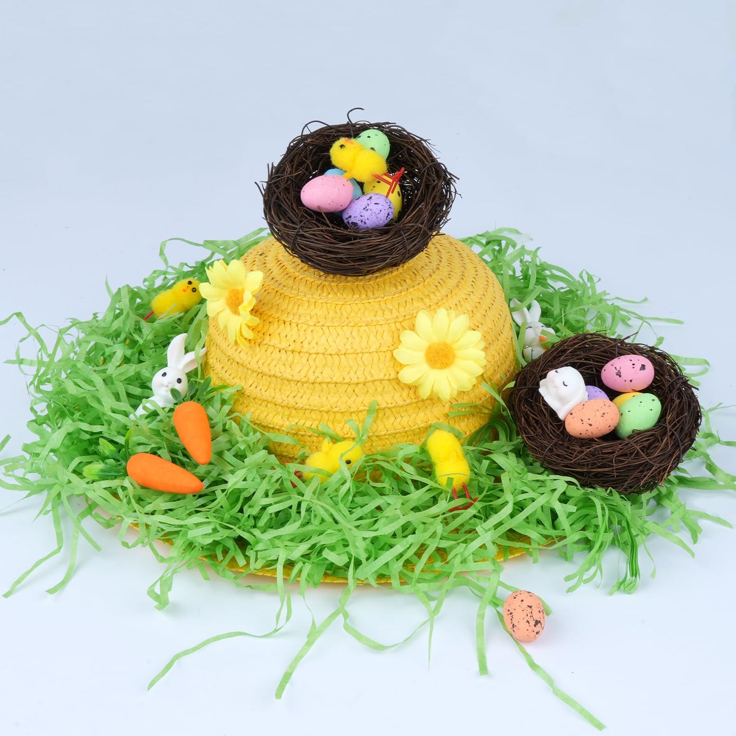 HFYZZ Set of 3 DIY Easter Bonnet Kit - Make Your Own Easter Bonnet Hat Art Project Set Including Straw Hats Chicks Bunnies Carrots Eggs Nests Grass Flowers for DIY Easter Party Decoration