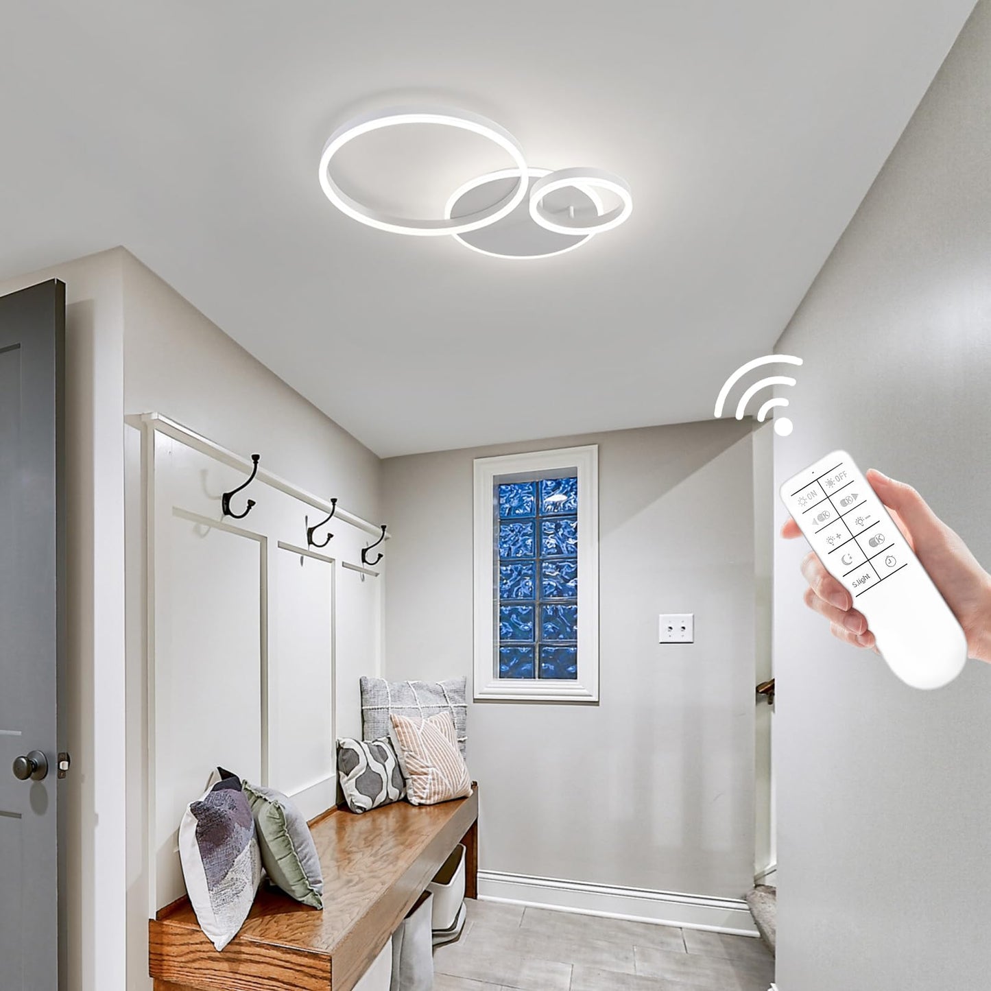 O'NEELDY Modern 3 Ring LED Chandelier Lamp Fixture White 25.59''Dimmable Acrylic Flush Mount Ceiling Lights with Remote Control Ideal for Small Room, Kitchen, Bedroom