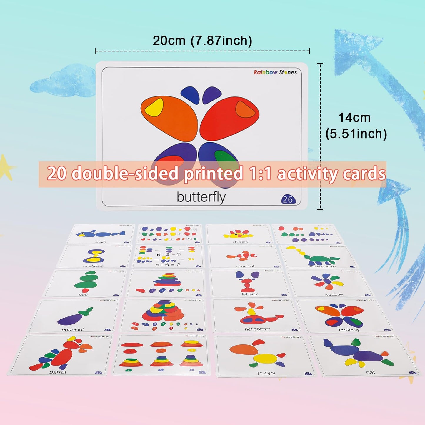 Odoorgames 36 Pcs Translucent Rainbow Pebbles,Rainbow Stones,Light Table Manipulatives Preschool,Light Table Accessories, Includes 24 Activity Cards