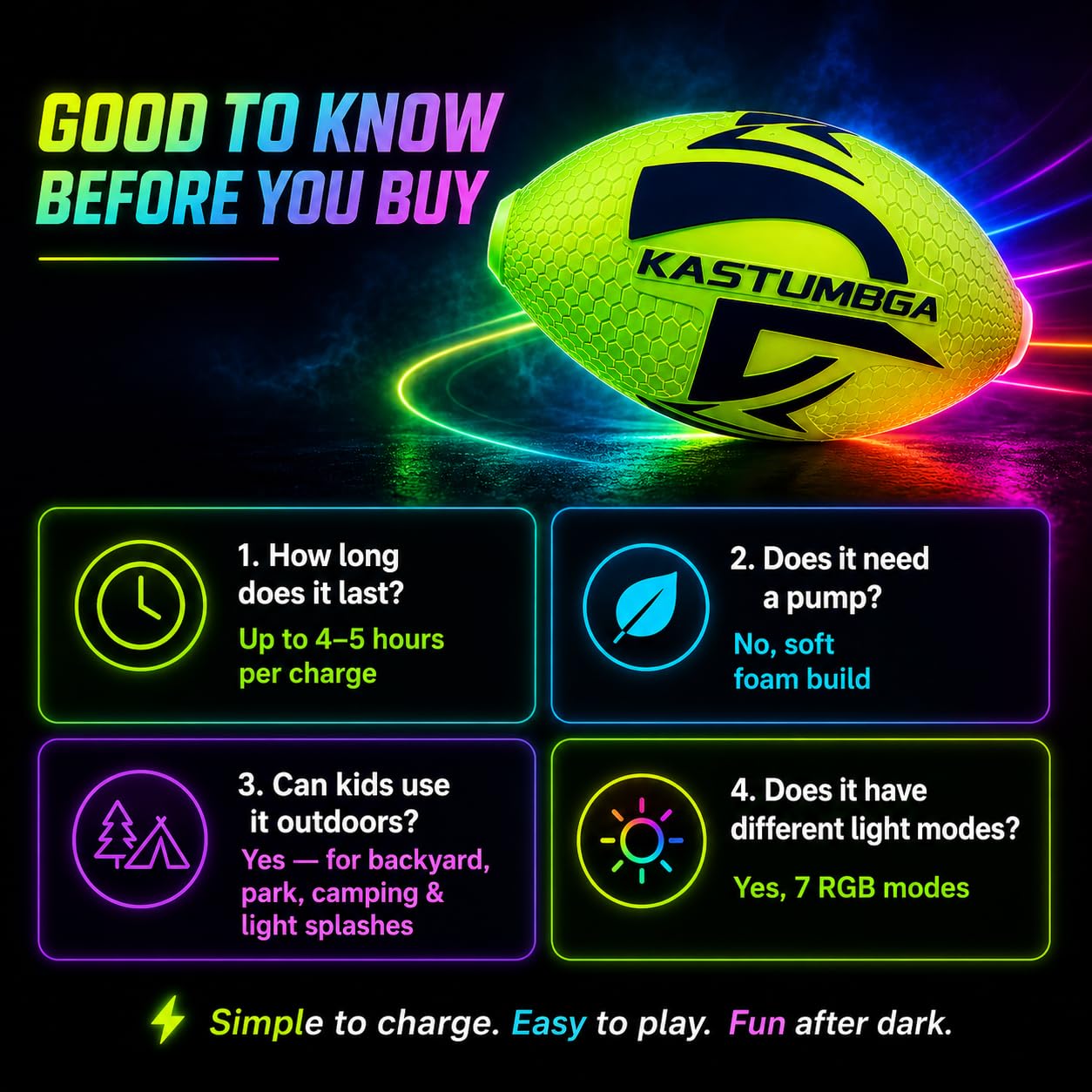 Rechargeable Light Up Football for Kids, Glow in The Dark Football with 7 RGB LED Modes, 8.3-Inch Soft Foam Youth Size for Backyard Night Play, Sports Gifts for Boys 8-12 and 10 Year Old Boys