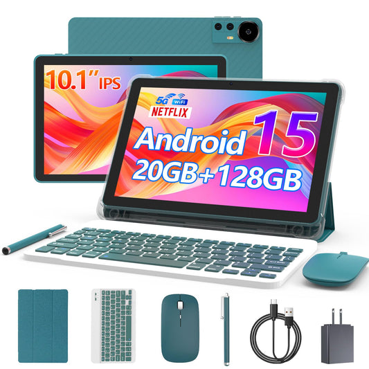 CUPEISI Android 15 Tablet 10 Inch, 20GB RAM+128GB ROM/ 2TB Expandable, 2.0GHz Quad-core Processor, 1280*800 HD Screen, 5G WiFi6 BT 5.0, 2 in 1 Tablets with Keyboard Case Mouse Stylus, Widevine L1 Blue