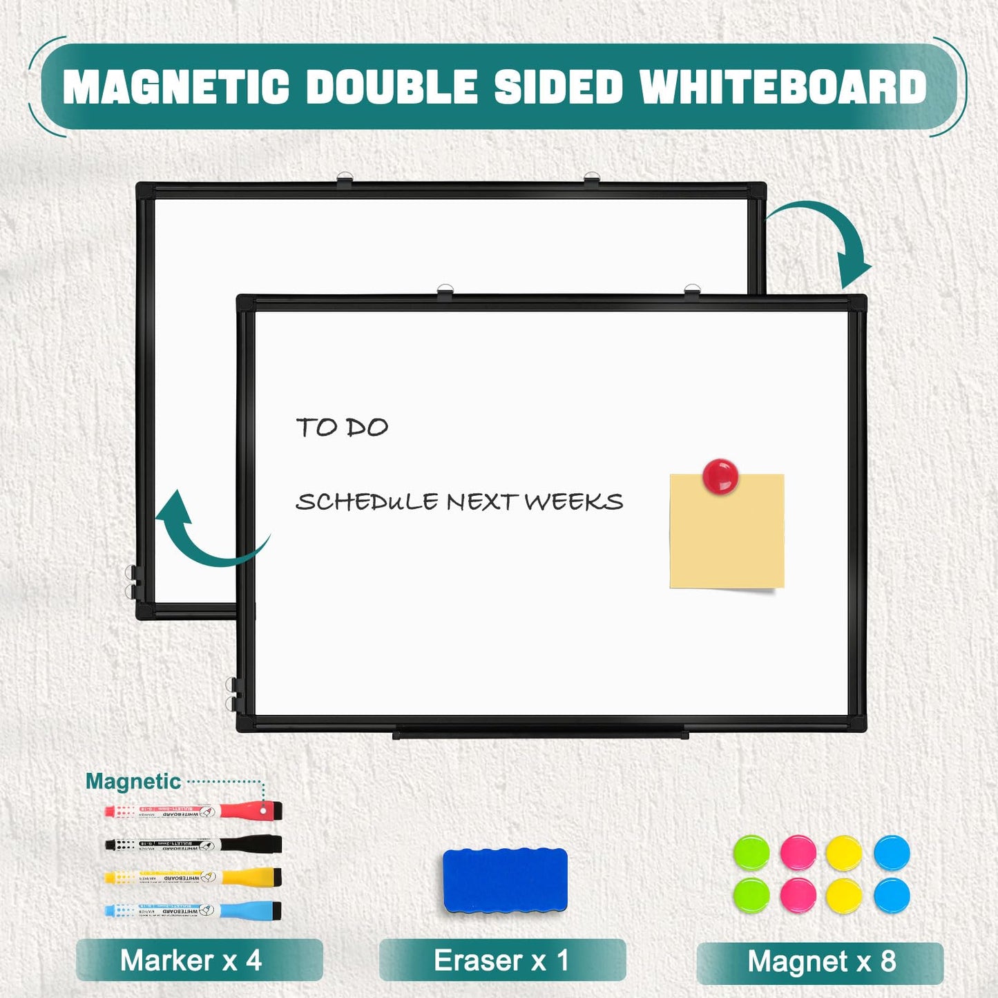 QUEENLINK Double Sided Magnetic White Board，36"x24" Dry Erase Whiteboard for Wall with Black Aluminum Frame Presentation Board for School, Office and Home