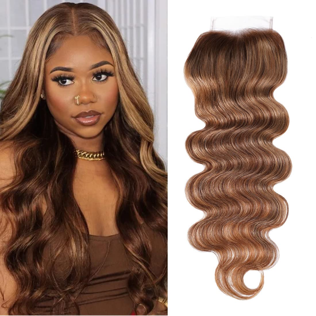 UNICE Honey Blonde Highlight Body Wave 4x4 Lace Closure Free Part 14 inch 100% Remy Human Hair Closure for Women TL412 Color