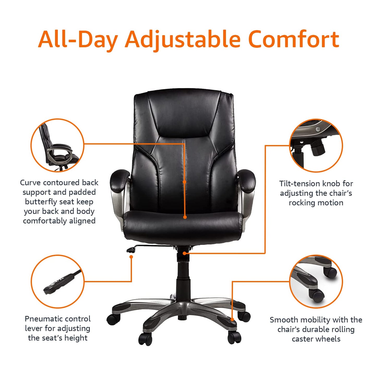 Amazon Basics Executive High Back Office Desk Chair, Adjustable Height, Tilt, Swivel, one Size, Black/Silver