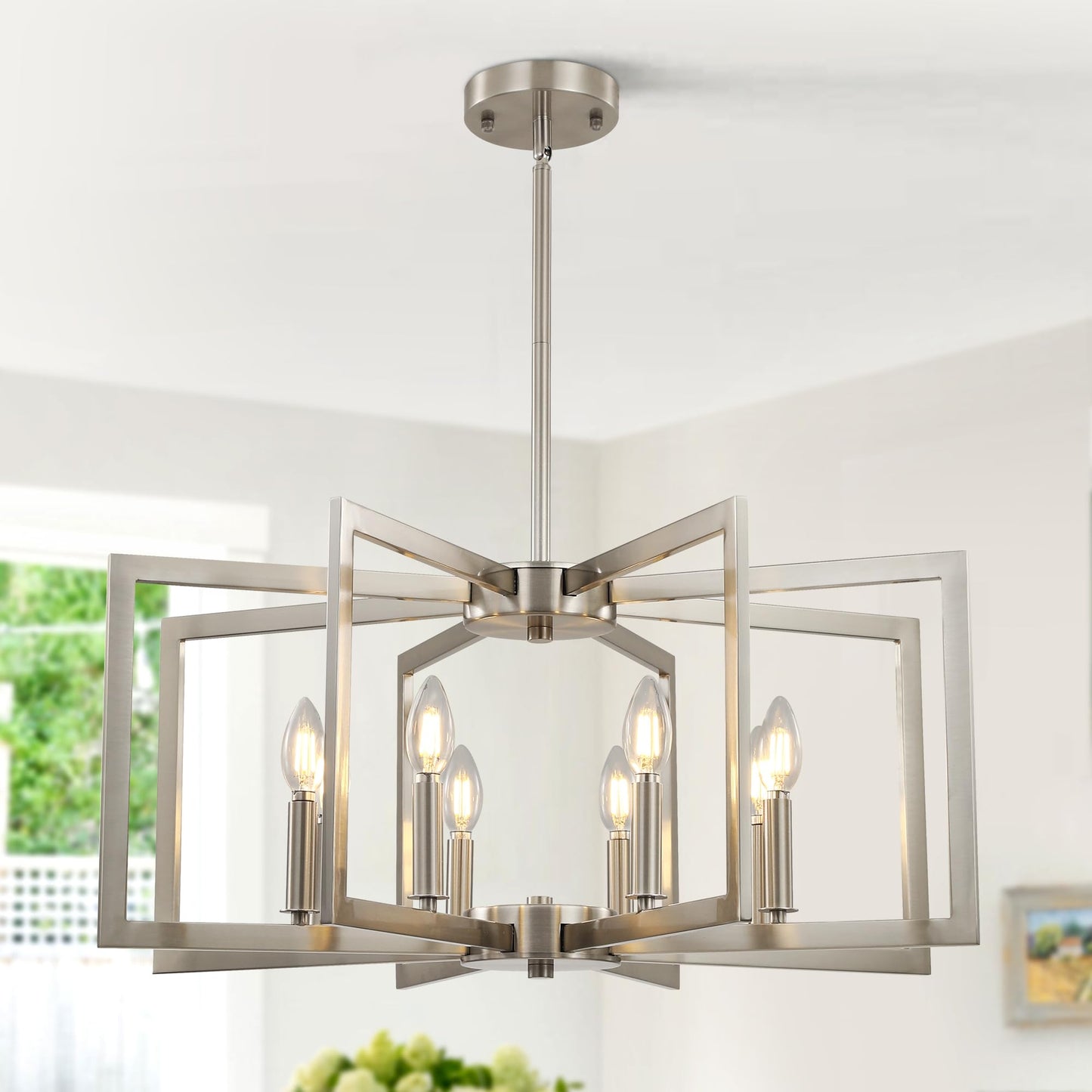 8-Light Large Brushed Nickel Chandeliers for Dining Room，Modern Industrial Pendant Lights Kitchen Island，Farmhouse Entryway Light Fixtures，Metal Geometric Chandelier for Living Room