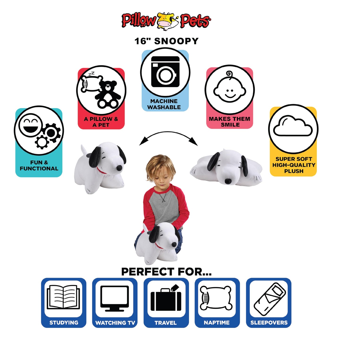 Pillow Pets Snoopy Plush Peanuts 16 Inch Soft Cozy Stuffed Animal Cuddle Companion for Kids and Adults