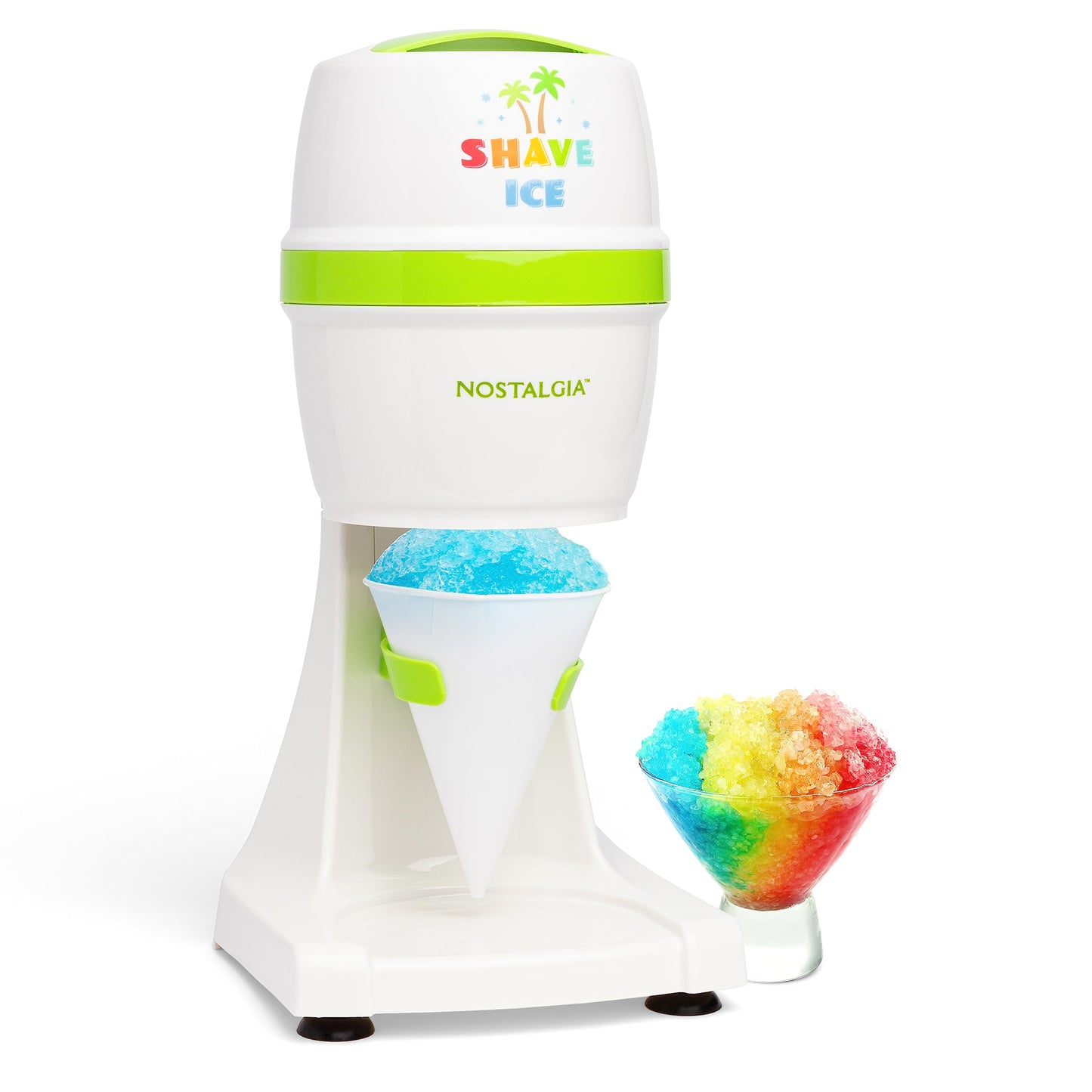 Nostalgia Snow Cone Machine With 1 Reusable Plastic Cup & Dual Ice Molds– Retro Table-Top Shaved Ice Maker with Stainless Steel Blades for Fluffy Ice- Slushie Machine for Fun Gatherings- White & Green