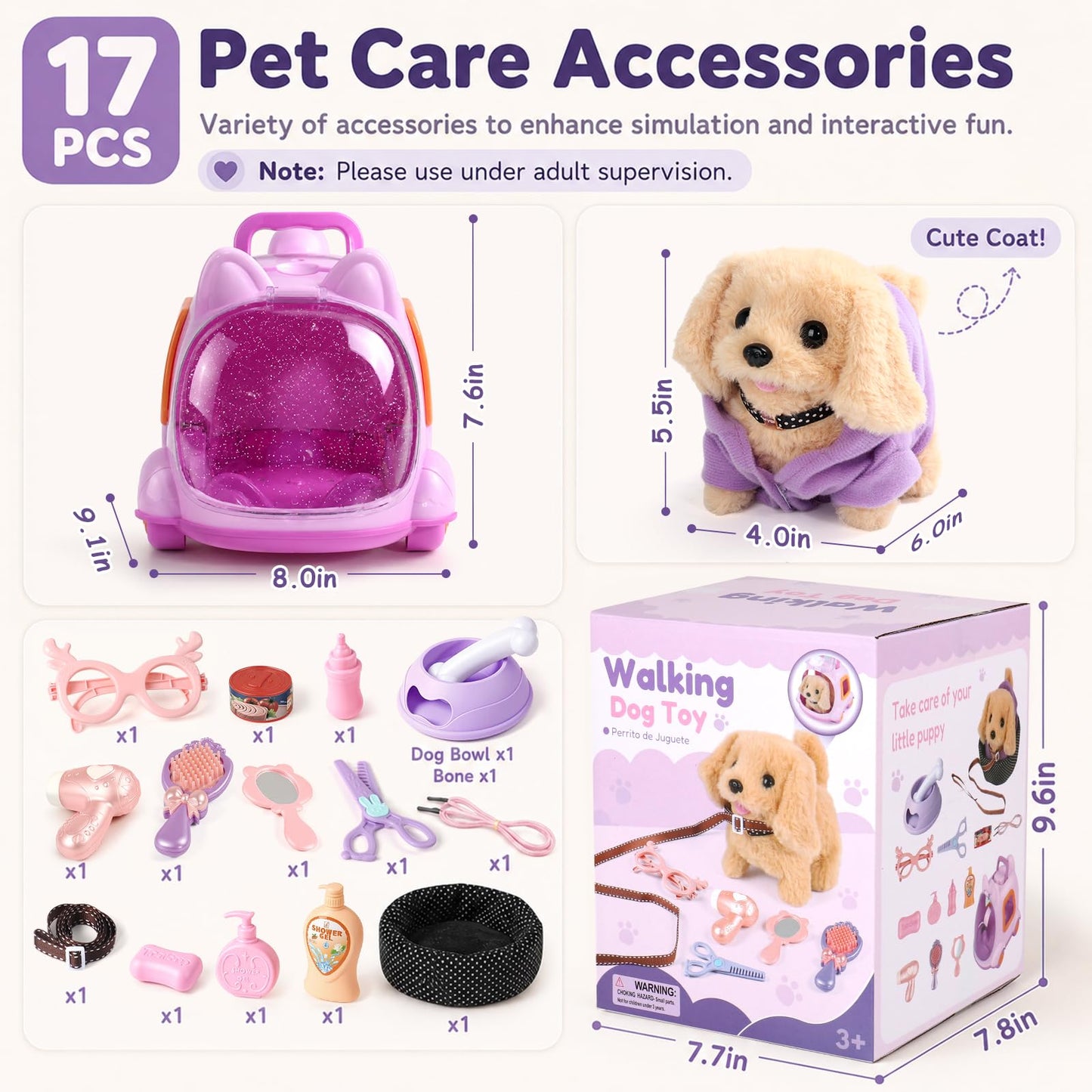 17 Pcs Robot Dog Toys for Girls 3 4 5 6 Year Old, Mini Interactive Realistic Walking Barking Robot Puppy Toys, Pet Care Pretend Play Set with Van Carrier & Grooming Set, Birthday Gifts for Girls 3-8