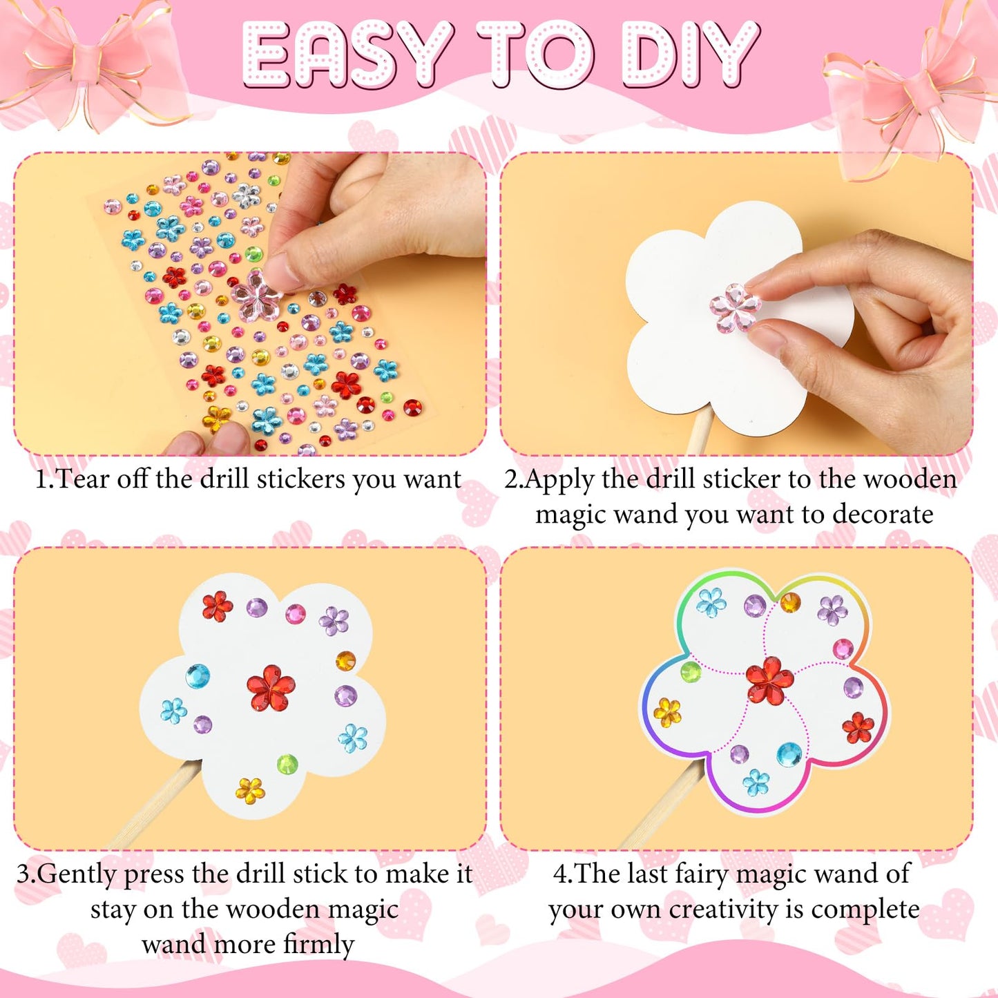 Cindeer 42 Pcs Princess Fairy Wands Kit, 36 Pcs Wooden Unfinished DIY Princess Wand with 6 Sheet Colorful Diamond Sticker for Girls Make Your Own Wand, Cosplay Costume Party Favor (White)