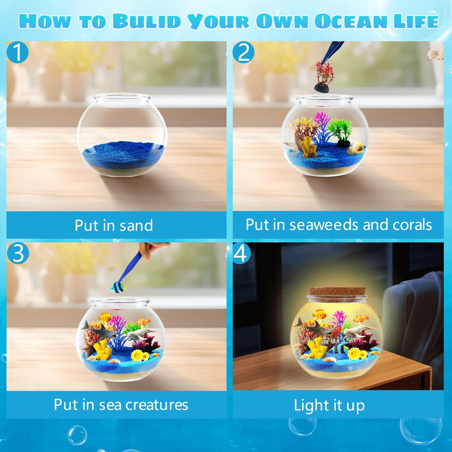 Ocean Light Up Terrarium Craft Kit for Kids- Sea Animal Toys Led Night Light Birthday Gift for Boys Girls Age 4 5 6 7 8-12 Year Old