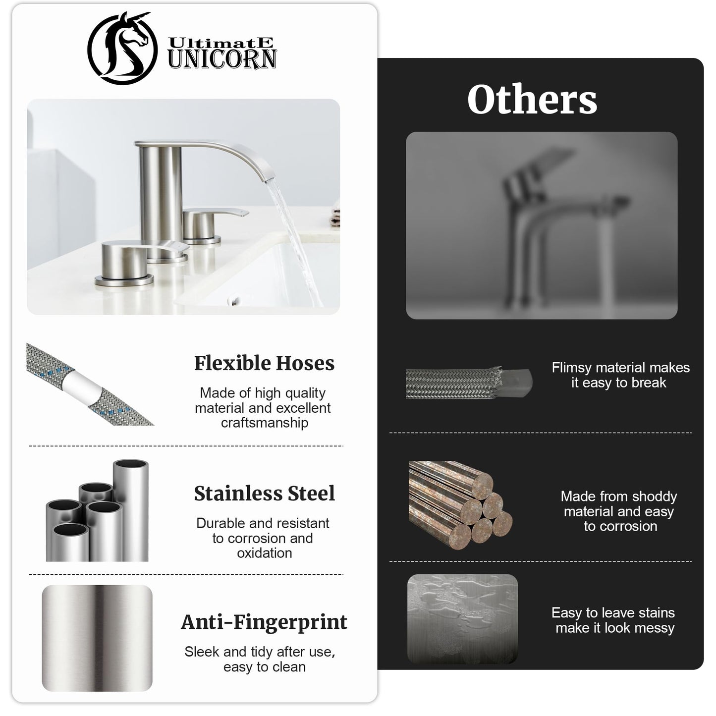 Ultimate Unicorn 8 inch Bathroom Faucet Brushed Nickel, Waterfall Bathroom Faucet with Metal Pop-up Sink Drain Stopper and 2 Supply Hoses,2 Handle Widespread Faucets for Vanity Sink 3 Holes