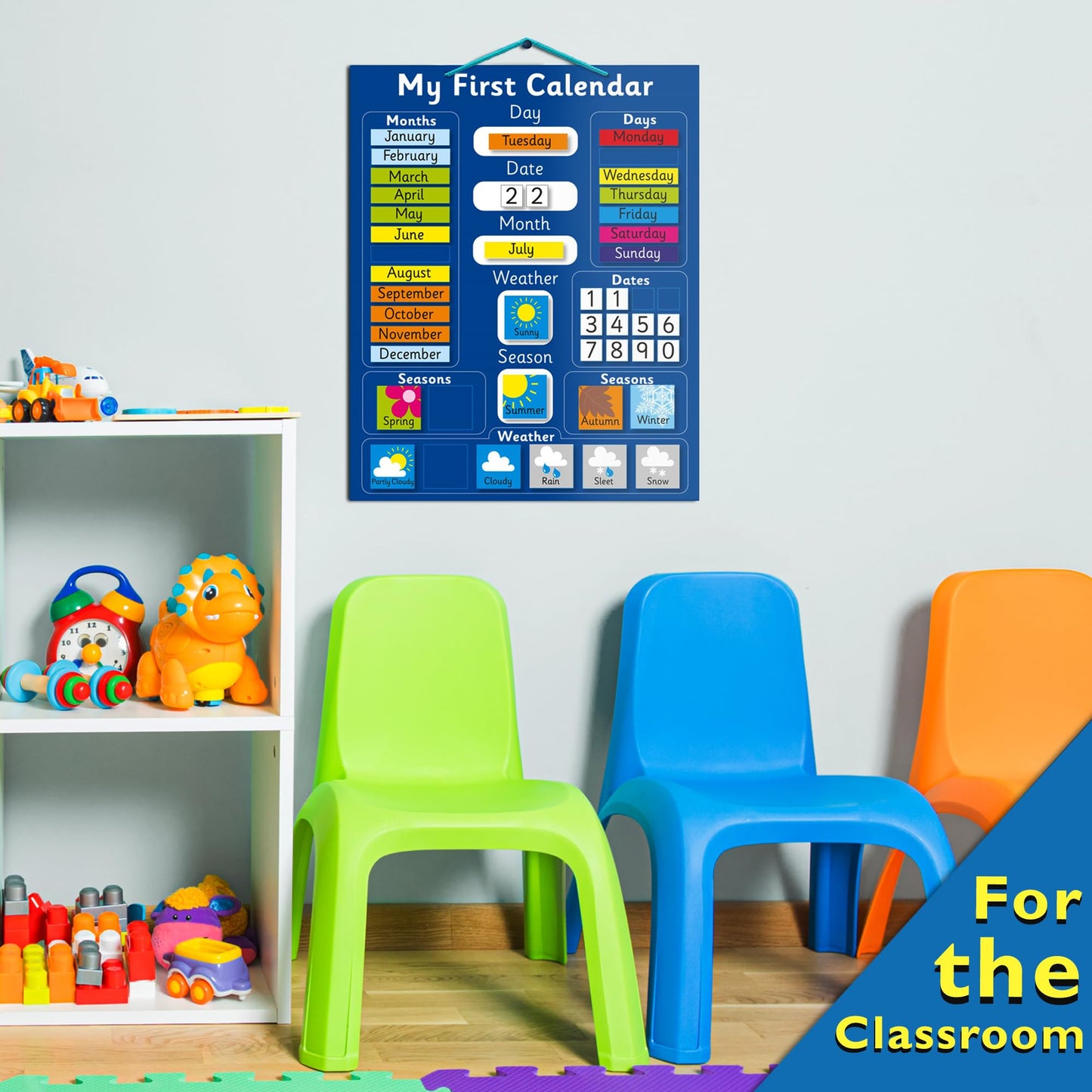 Fridge Magic Interactive Children's Magnetic Learning Calendar - Blue- Fun Educational Tool for Time, Seasons, and Weather Awareness - 40x32 cm with Easy Hang Loop