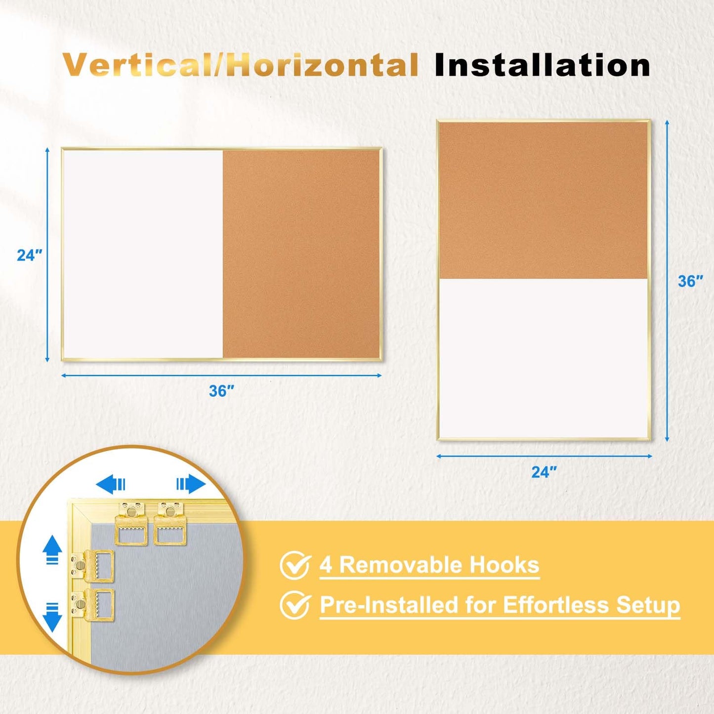QUEENLINK Cork Board White Board Combo - 36'' x 24'' - Half Bulletin Board - Half Magnetic Dry Erase Board - Gold Aluminum Frame