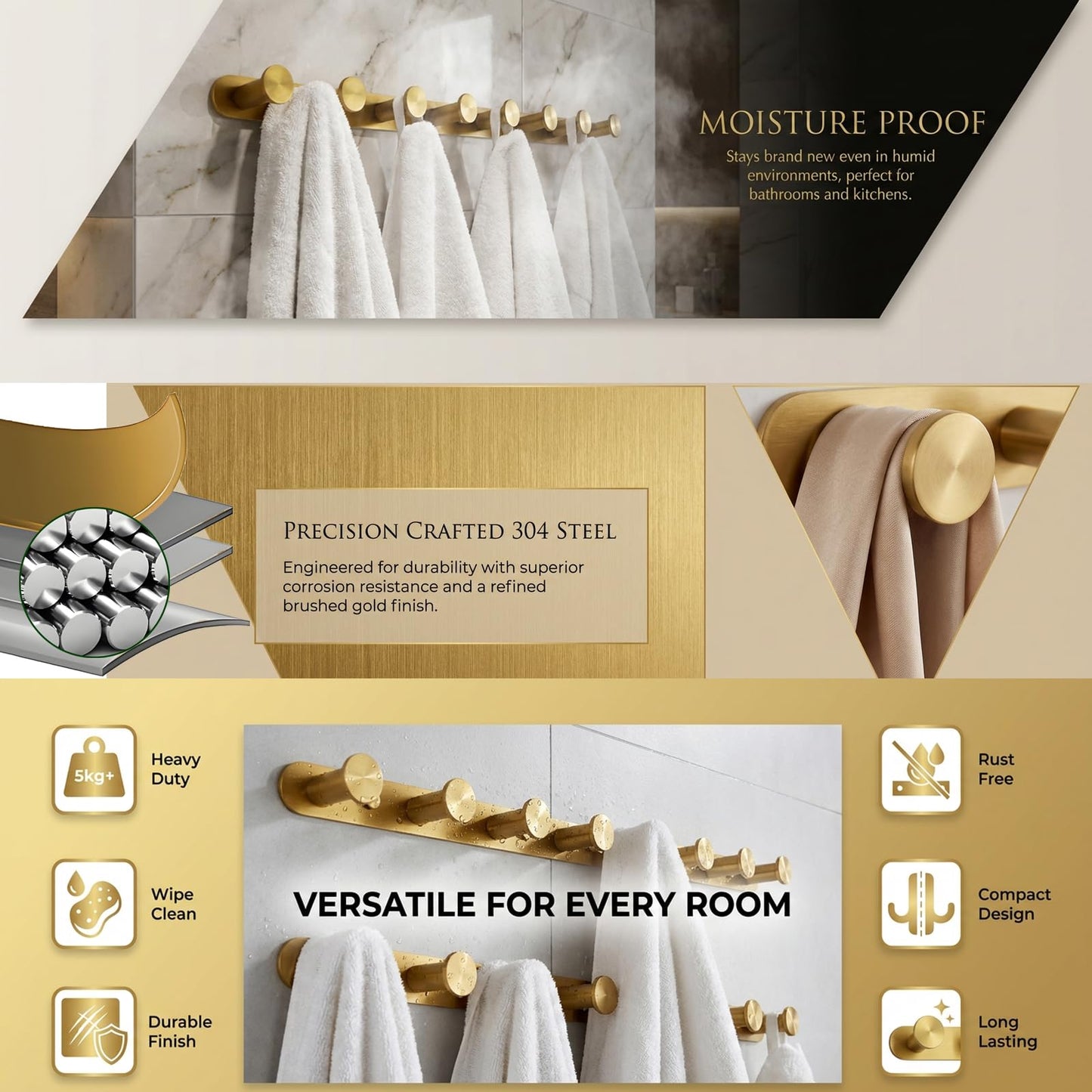 MACAJM Brushed Gold Coat Rack Wall Mounted, 21" Heavy Duty 304 Stainless Steel Row of 8 Hooks for Coats, Towels, Robes (Drilling)