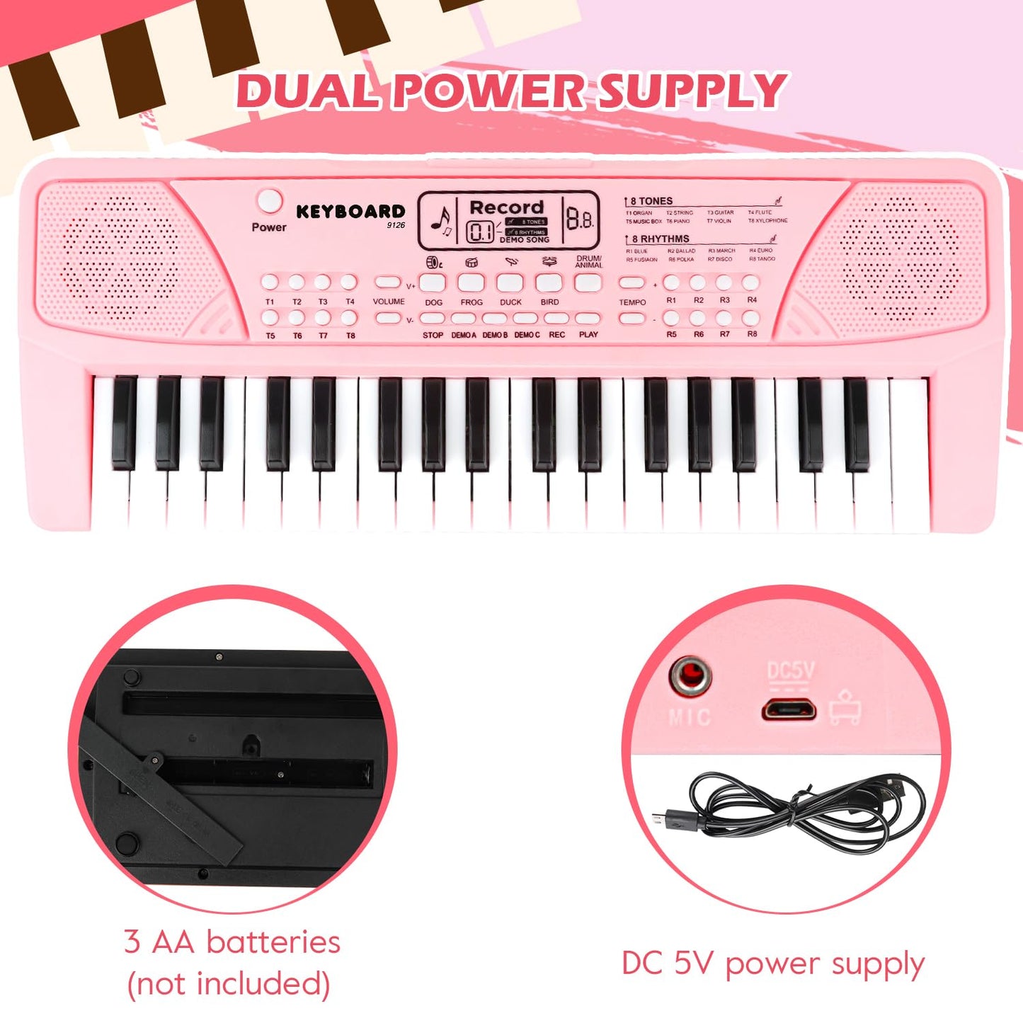 M SANMERSEN Kids Piano Keyboard with Microphone 37 Keys Portable Electronic Keyboards for Beginners Musical Toy for 3/4/5/6/7 Year Old Girls Boys, Pink