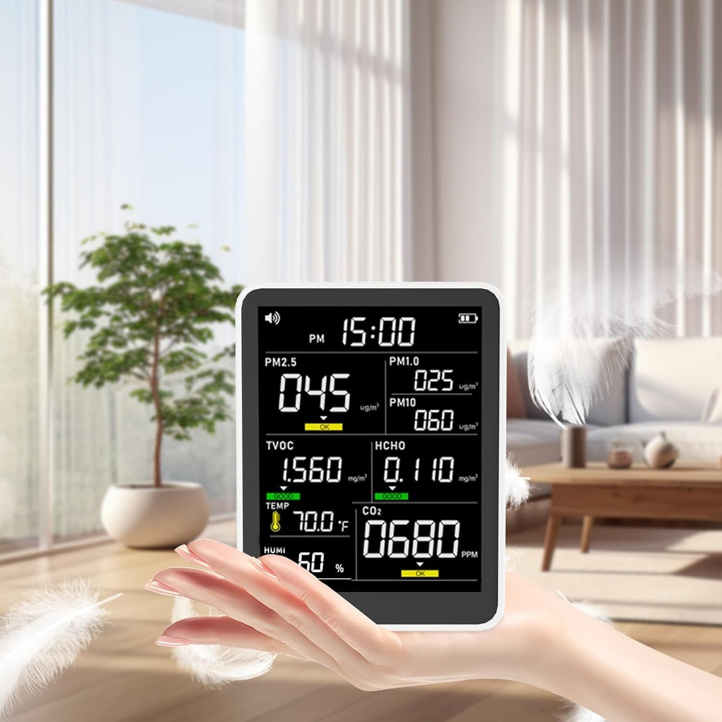 9-in-1 Professional Indoor Air Quality Monitor Indoor Portable PM2.5/PM10/CO2,Temperature, Formaldehyde Detector,Humidity TVOC,Time Display Air Quality Tester (Pearly White)