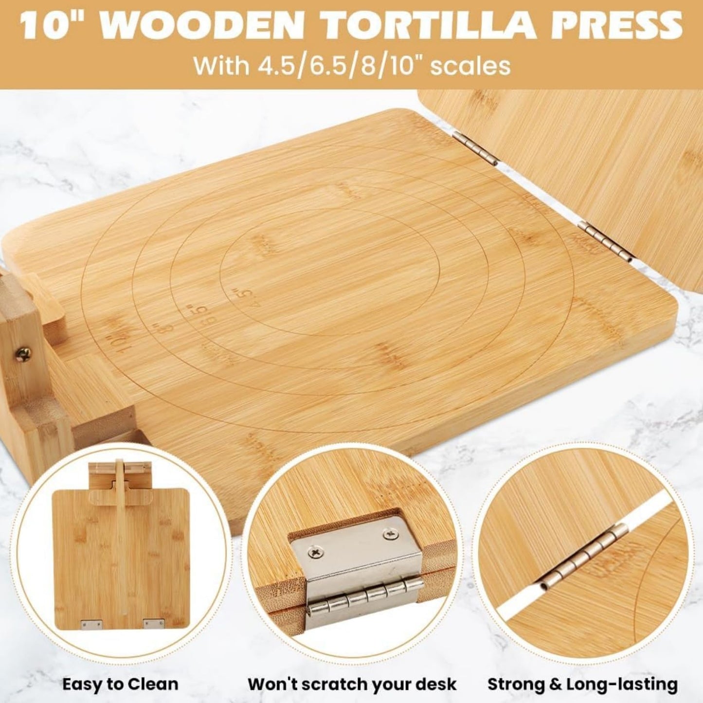 10 Inch Square Bamboo Tortilla Press Set with 60 Pc Parchment Paper, Heavy Duty Tortillera for Mexican Tacos, Roti, Burrito & Patacones