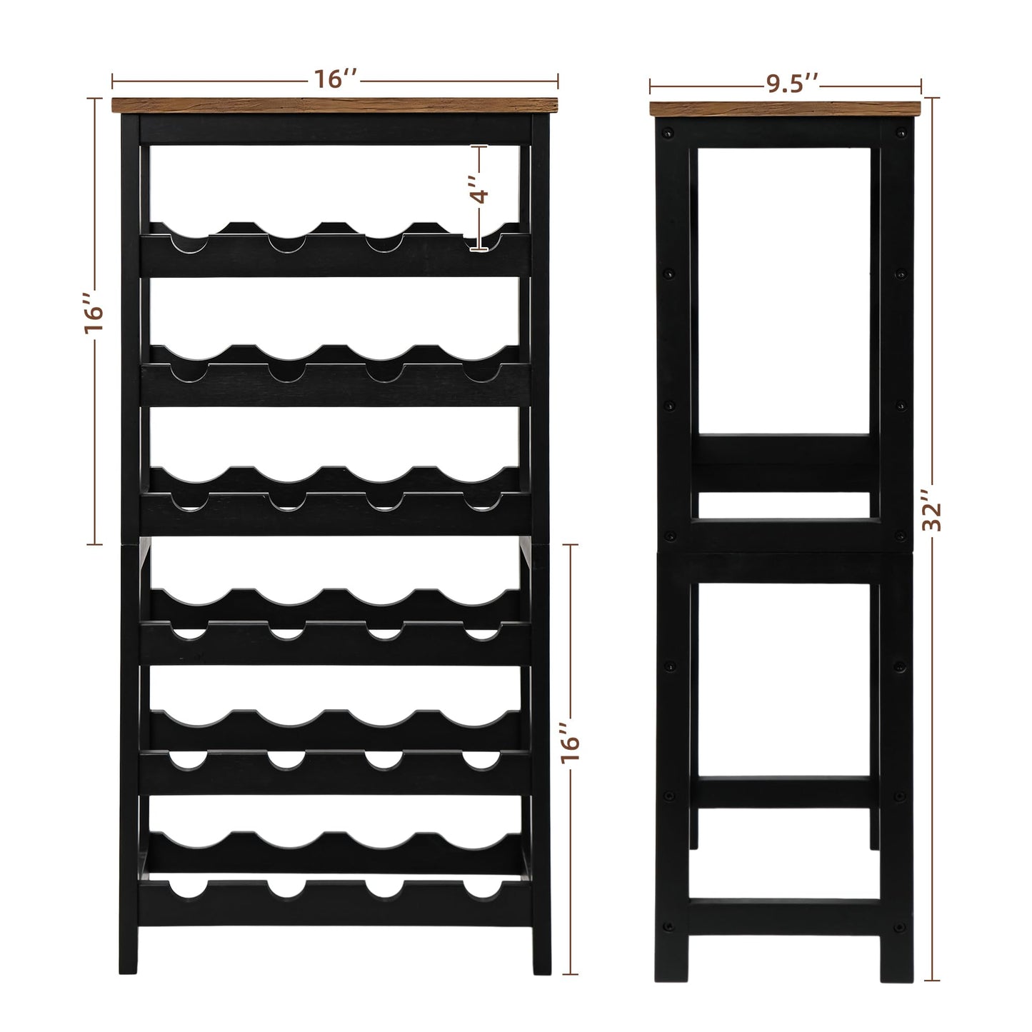 VASMIA Wine Rack Freestanding Floor, 6 Tier Bamboo Wine Storage Shelves with Table Top, 24-Botttle Wine Rack Shelf for Kitchen Bar Dining Room Living Room, Rustic Brown and Black