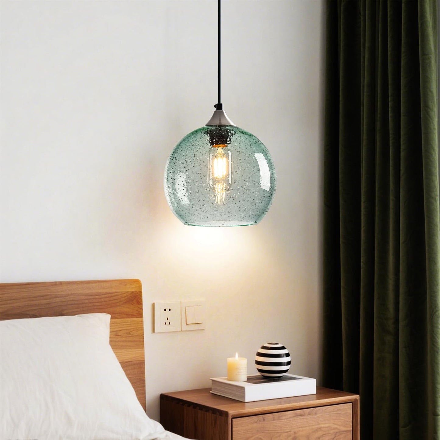 LBSQJ Light Green Glass Pendant Lights Kitchen Island Lighting Globe Pendant Light Fixtures Modern Pendant Lighting for Bedroom Living Dining Room Light Fixture (7.87 in, 3 Pack)