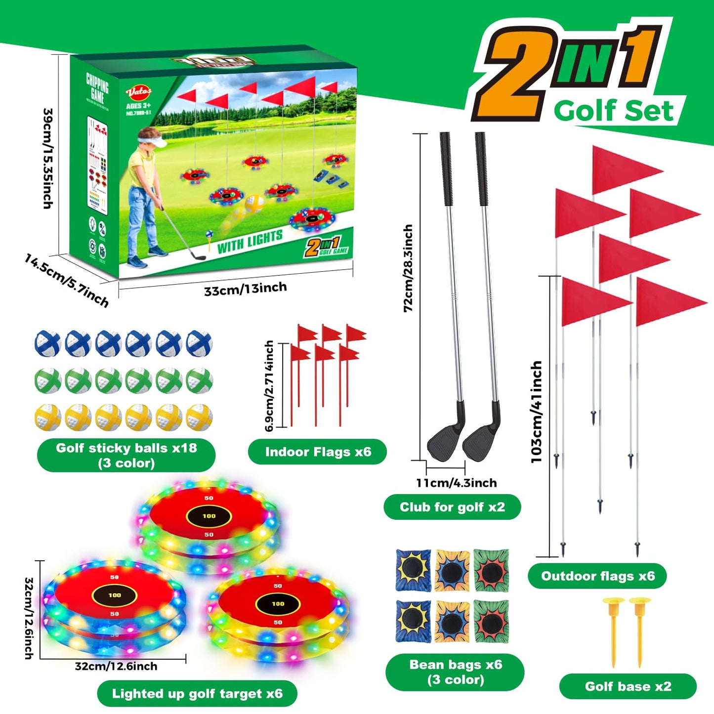 VATOS Light Up Golf Game Set for Kids, 2-in-1 Golf & Toss Game, 16 Balls, 2 Clubs, 6 Lighted Targets, Indoor & Outdoor Game Set, Gifts for Kids Boys Girls Ages 3-8