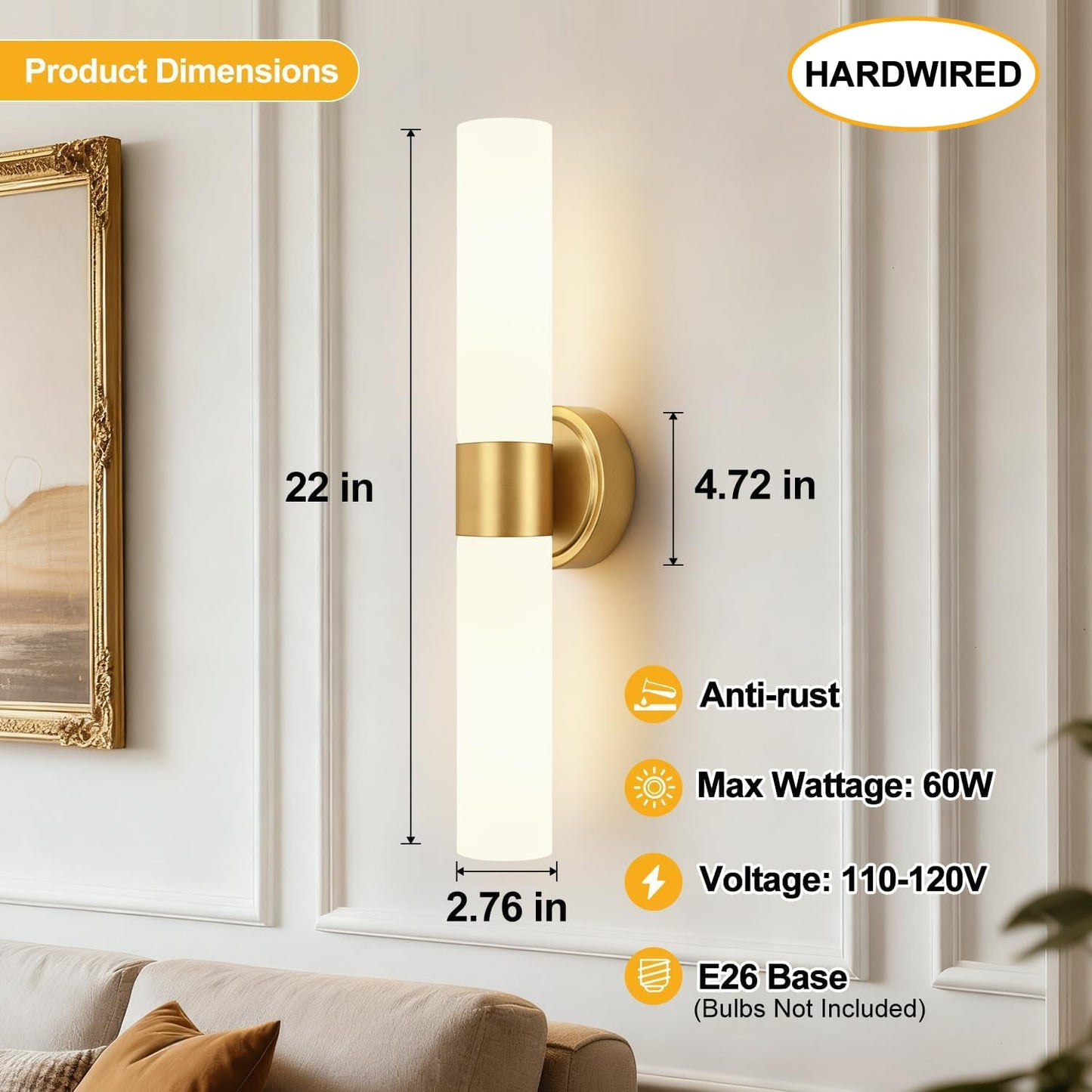 Meybiok Hardwired Wall Sconces Set of Two, Modern Bathroom Sconces Wall Lighting with Milky White Glass, Brushed Gold Sconces Wall Decor Set of 2 for Bathroom Mirror Bedroom Living Room Hallway
