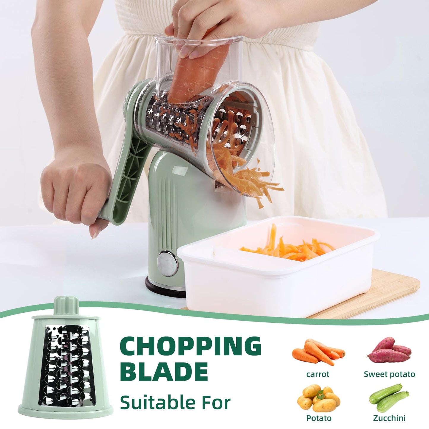 Rotary Cheese Grater with Handle, Vegetable Shredder with 5 Replaceable Blades & Strong Suction Base, Round Food Slicer & Chopper for Kitchen Fruit Vegetables Nuts with Blade Storage Box (Green)