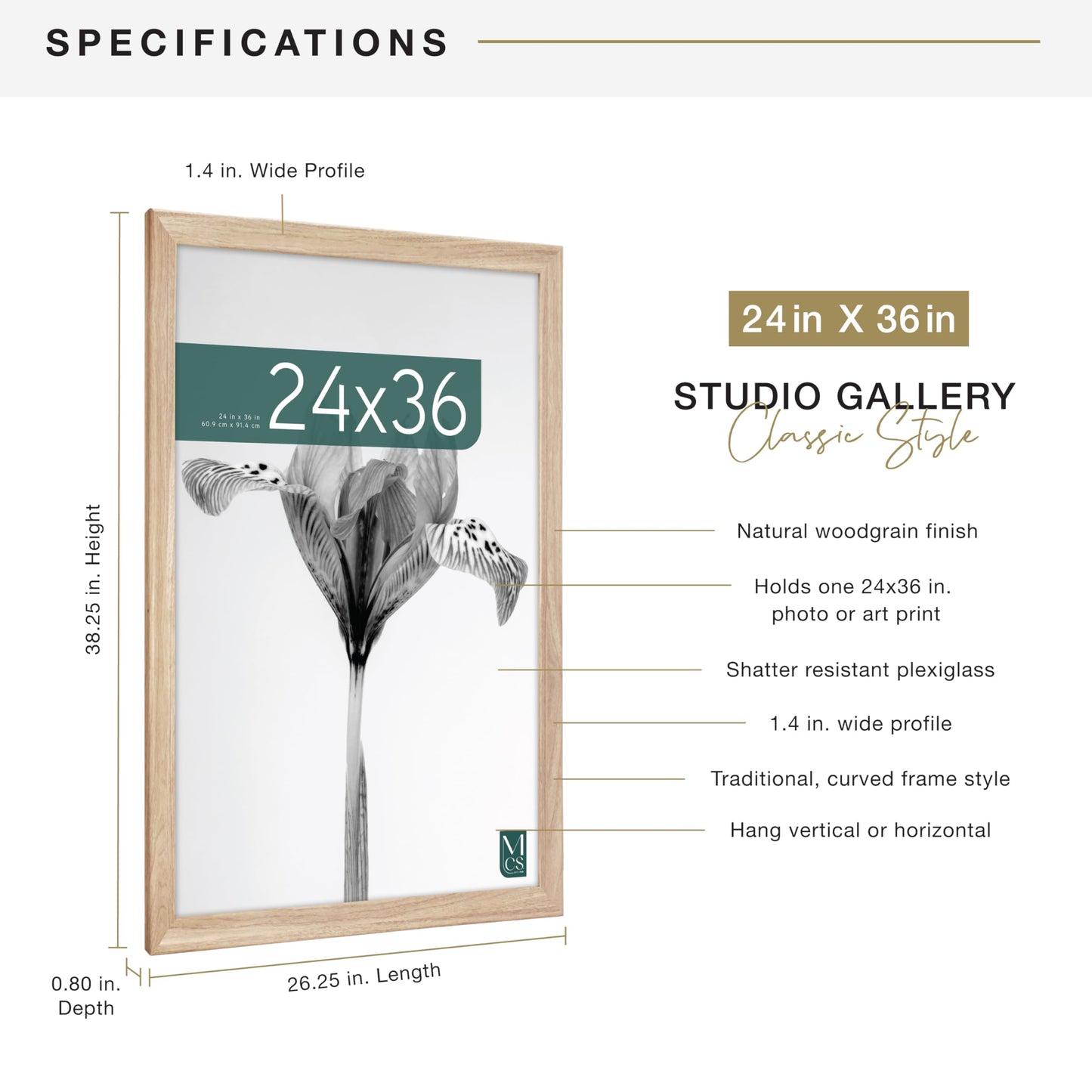 MCS Studio Gallery Classic 24x36 Poster Frame Natural Woodgrain Engineered Wood, Vertical & Horizontal Wall Hanging Large Picture Frame for Photos, Posters & Art Prints (1-Pack)
