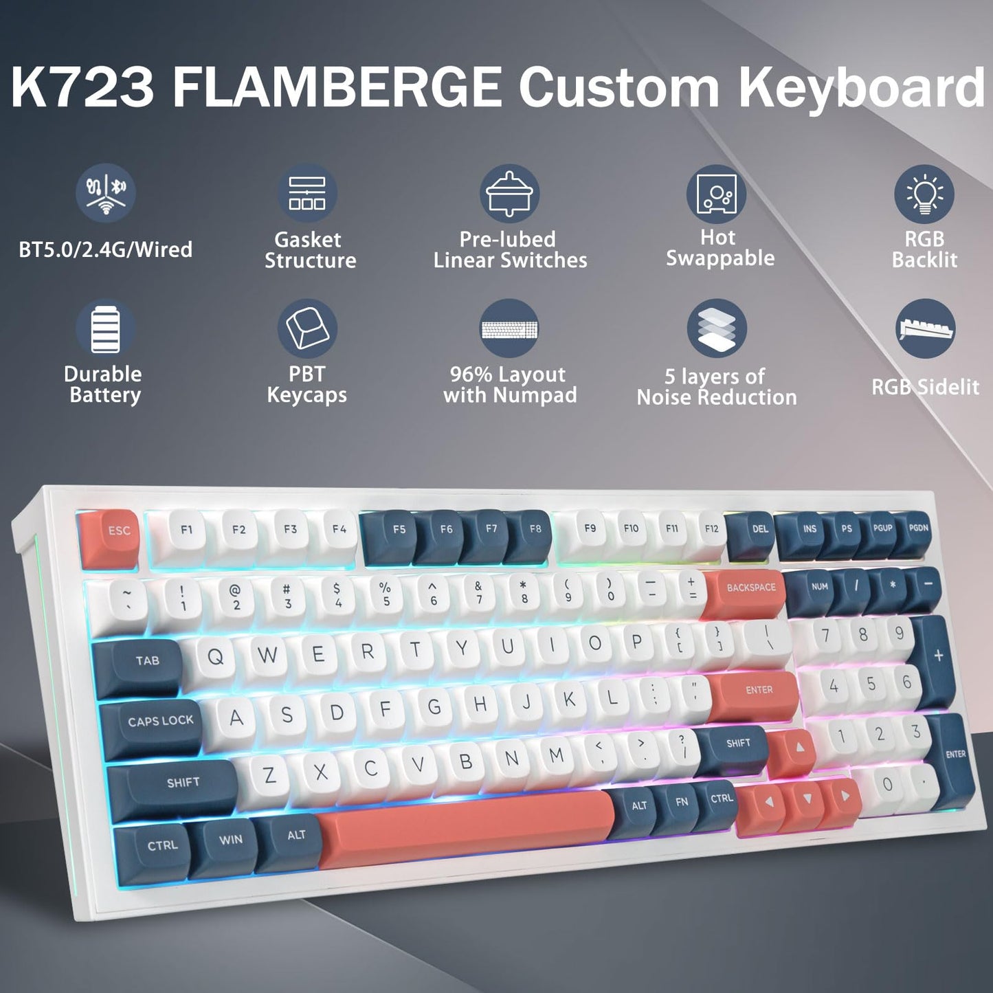 Redragon K723 Creamy Mechanical Gaming Keyboard Wireless, Hot Swappable Pre-lubed Linear Switches Gasket Design, Tri-Mode BT5.0/2.4GHz/USB-C, RGB Backlit for PC/Mac/PS/Xbox, White Blue
