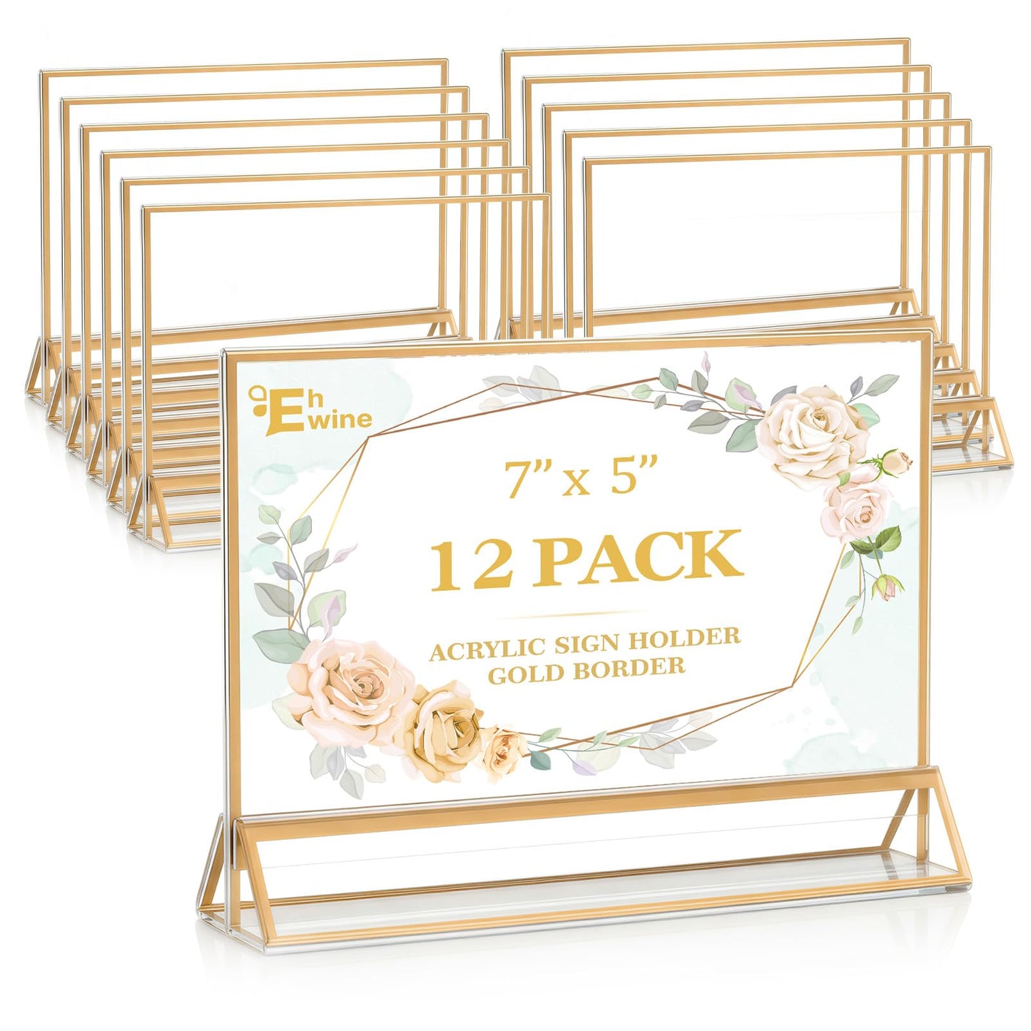 EHWINE 12 Pack Acrylic Sign Holder 5 x 7 Horizontal, Double-Sided Stand up Table Top Sign Holders, Gold Acrylic Picture Frame Menu Flyer Paper Holder Display Stand for Office Business Store Wedding Party
