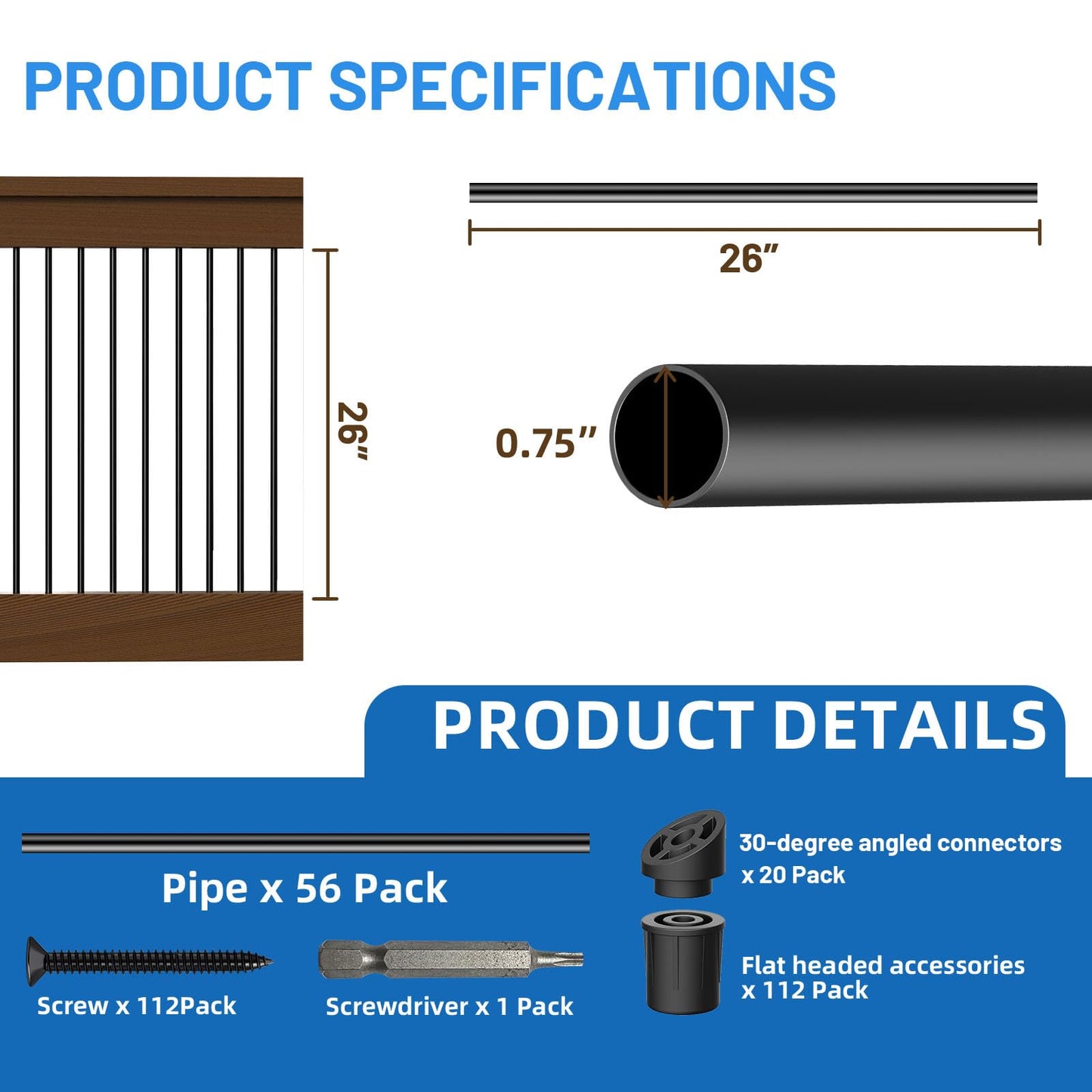 56 Pack 26 inch Aluminum Balusters for Deck Railing,Black Round Metal Spindles for Staircase,3/4" Diameter Hollow Deck Ballasters with Screws and Connectors for Railing Fencing Porch Stair Spindles