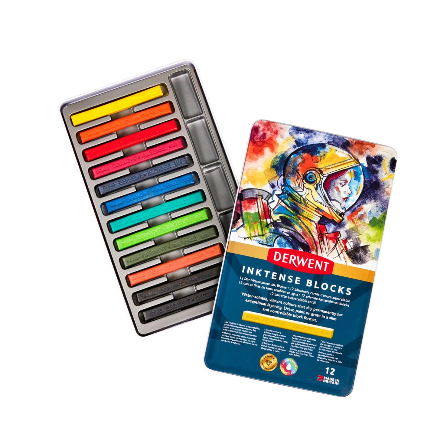 Derwent Inktense Blocks 12 Tin, Set of 12, 8mm Block, Soft Texture, Watersoluble, Ideal for Watercolor, Drawing, Coloring, Crafts and Painting on Paper and Fabric, Professional Quality (2300442)