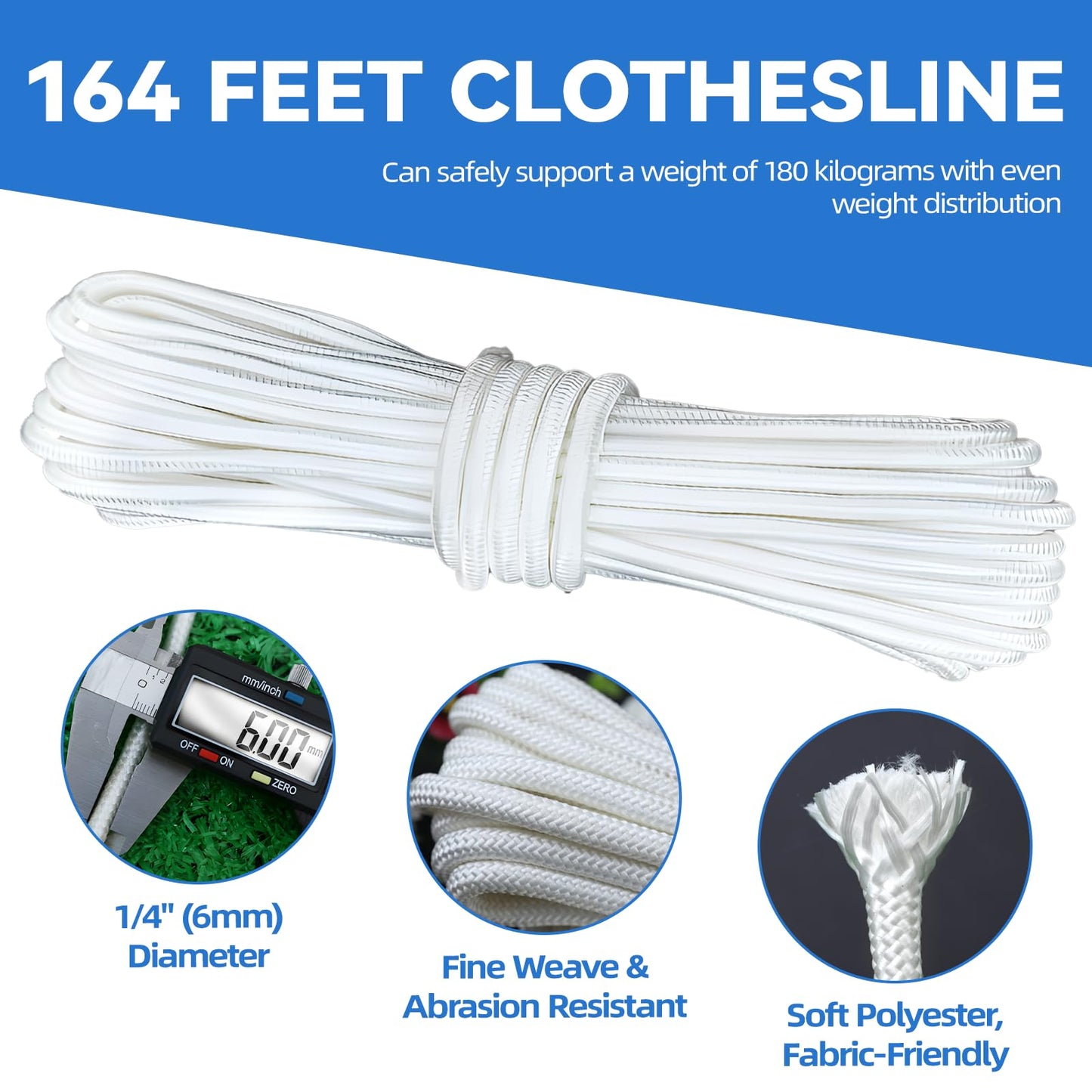 oyhqes Clothesline Kit Outdoors, Clothes Line Pulley Kit, 164ft Polyester Clothes Line Rope Outdoors Heavy Duty, Clothesline Pulley Kit with S Separator Spreaders, Rope Tightener, Hook for Clothes