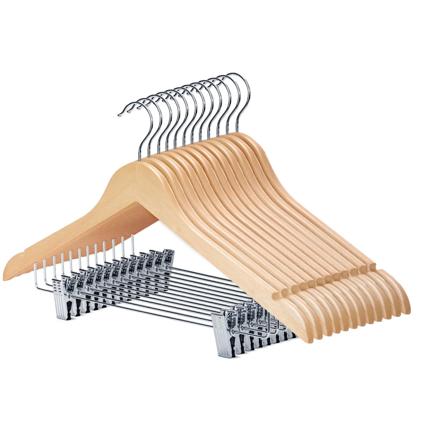 HOUSE DAY 24 Pack High-Grade Wooden Suit Hangers Skirt Hangers with Clips Solid Wood Pants Hanger Natural Smooth Finish Premium Wood Hanger with Durable Metal Clips for Blouse, Dress, Coat, Jacket