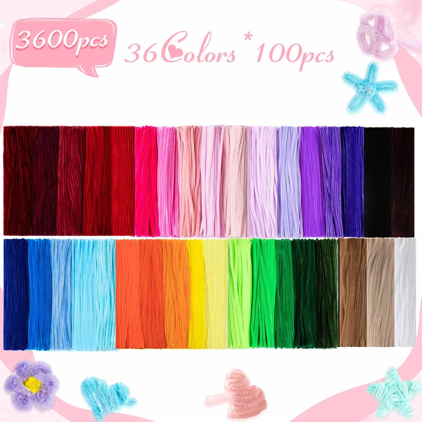 Peryiter 3600 Pcs 12 Inch Craft Pipe Cleaners Fluffy Chenille Stems Bulk with 50 Flower Stems 4 Rolls Floral Tape and 350 Yellow Stamens for DIY Art Projects Creative Gift Wrapping Party Decorations