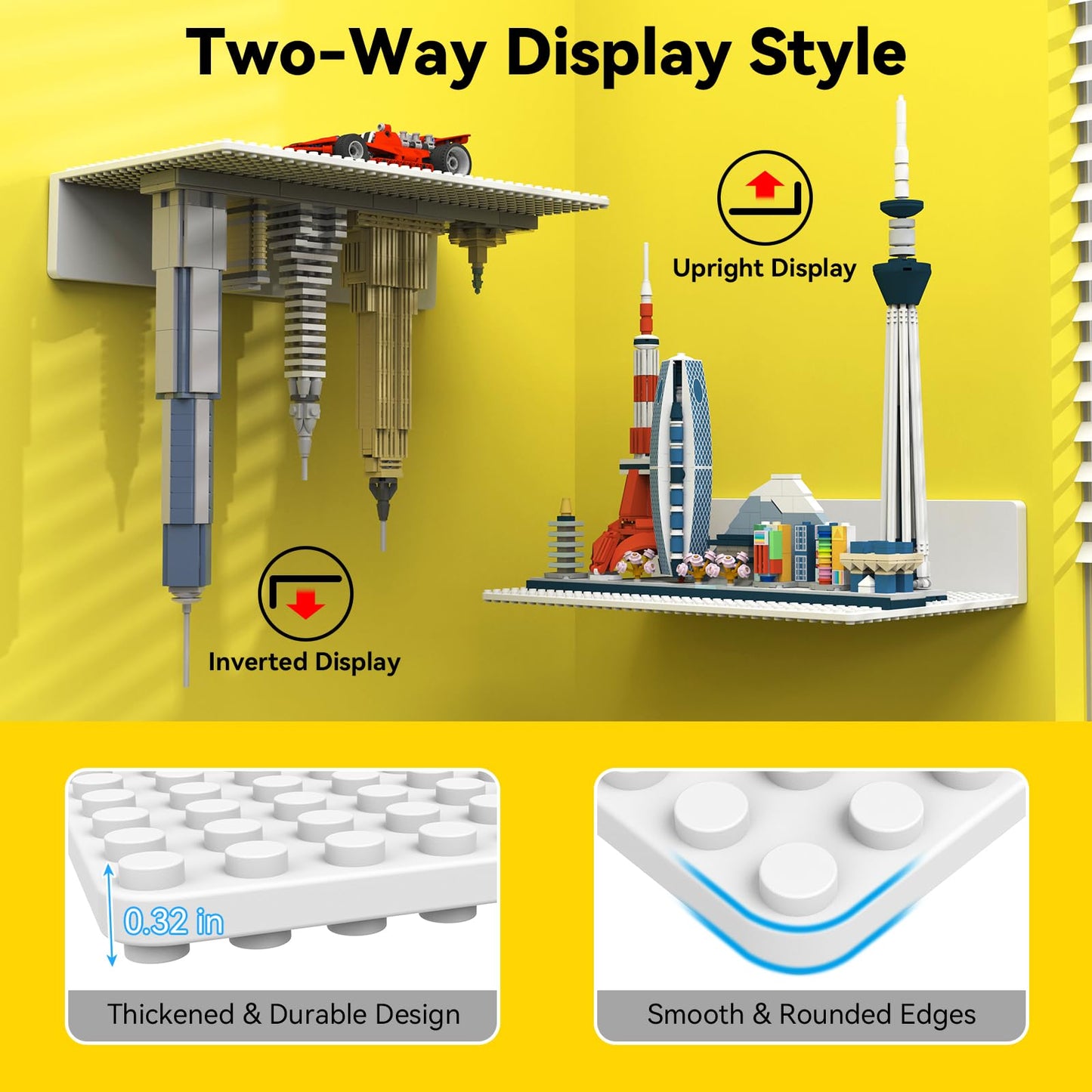 BlissBox 4-Pack Large Display Shelves for Wall Compatible with Lego Building Bricks, 11.3x6.3inch Dual-Sided 36x20 Studs for Brick Display and Storage, for Medium & Large Brick Builds, White