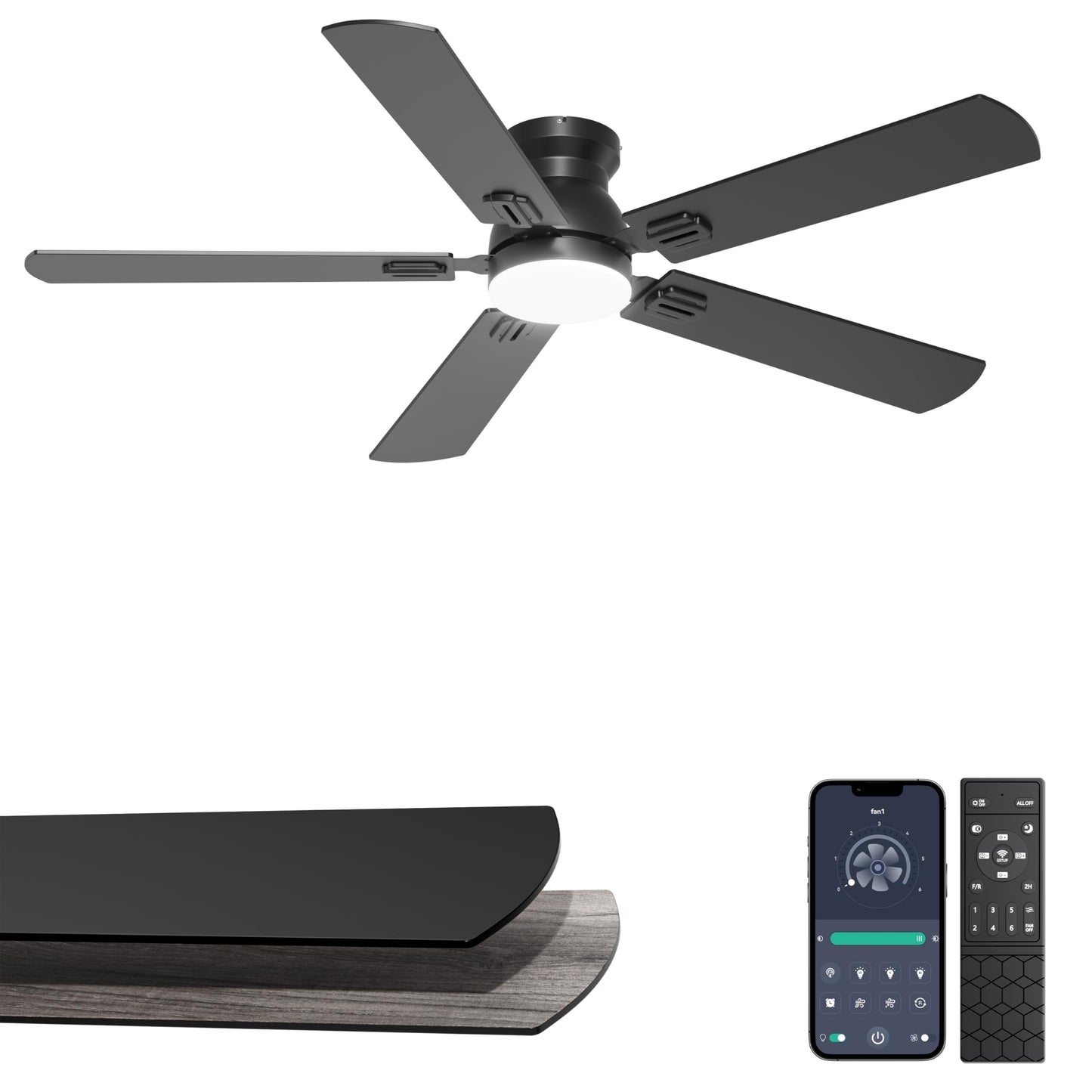 Phylluz 52'' Flush Mount Ceiling Fan with Lights, Space-Saving Low Profile for Low Ceilings, App/Remote Control, Safe Quiet DC Motor for Bedroom Living Room, Dimmable, Black