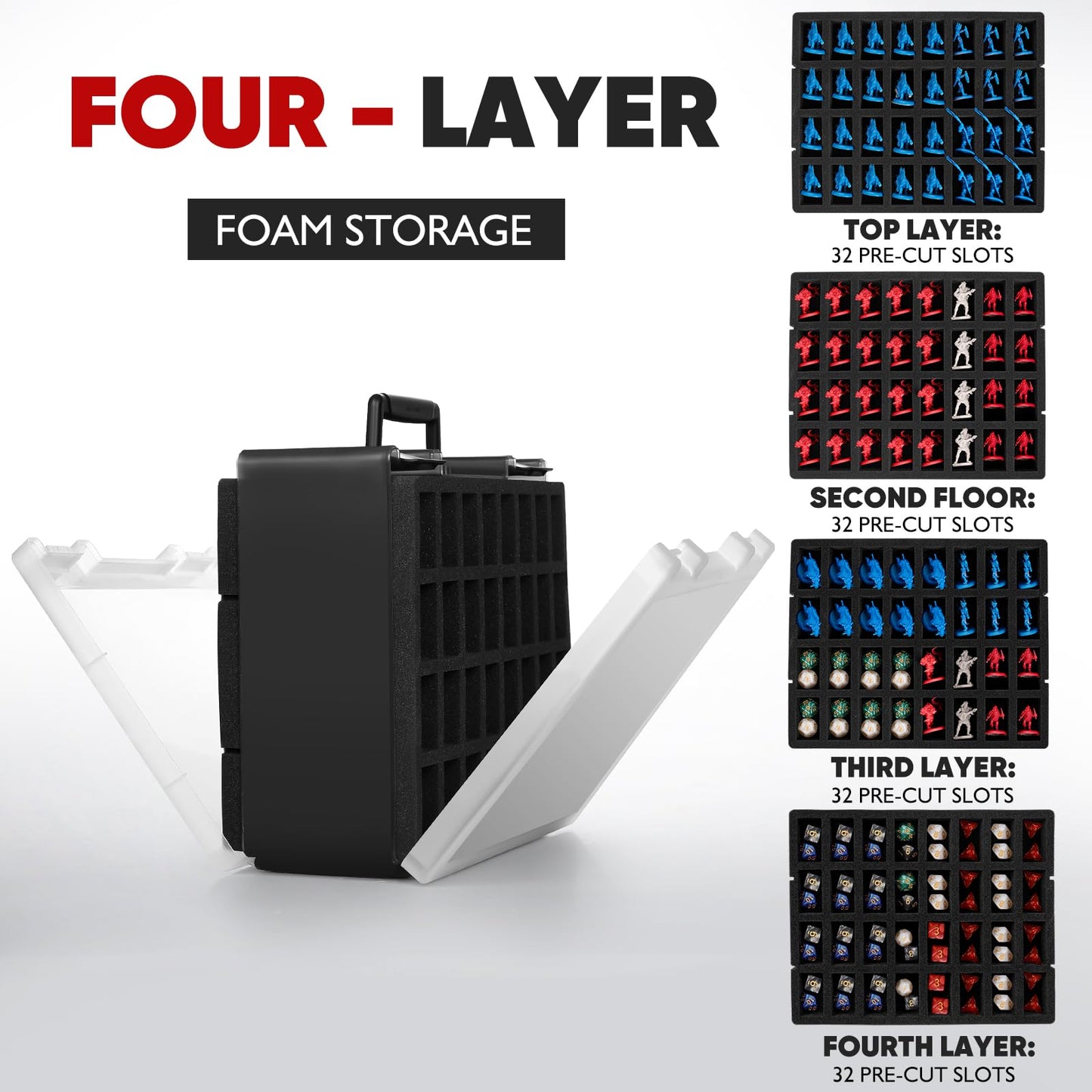 RISOU Sturdy Miniature Figure Storage Carrying Case for Standard Sized Figures - 128 Slot Miniature Figure Box Compatible with 40k,D&D and More.(CASE ONLY)