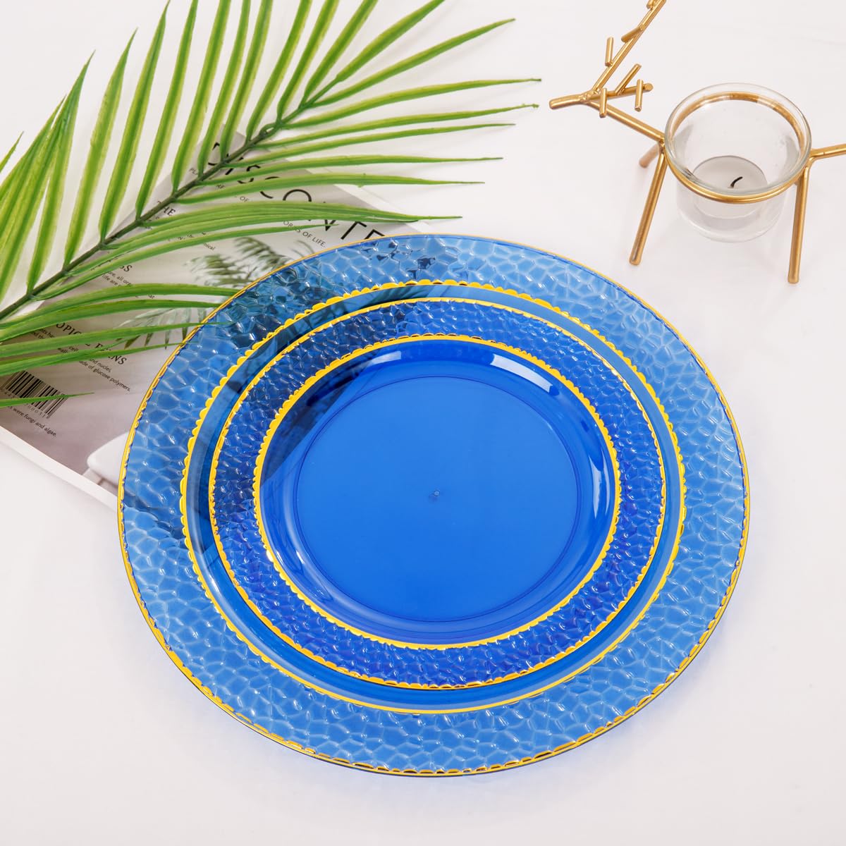 Nervure 150PCS Clear Blue Plastic Plates - Gold Party Plates - Blue and Gold Dinnerware Set Include: 50 Disposable Plate, 25Cups, 25Forks, 25Knives, 25Spoons for Wedding & Party & Father's Day