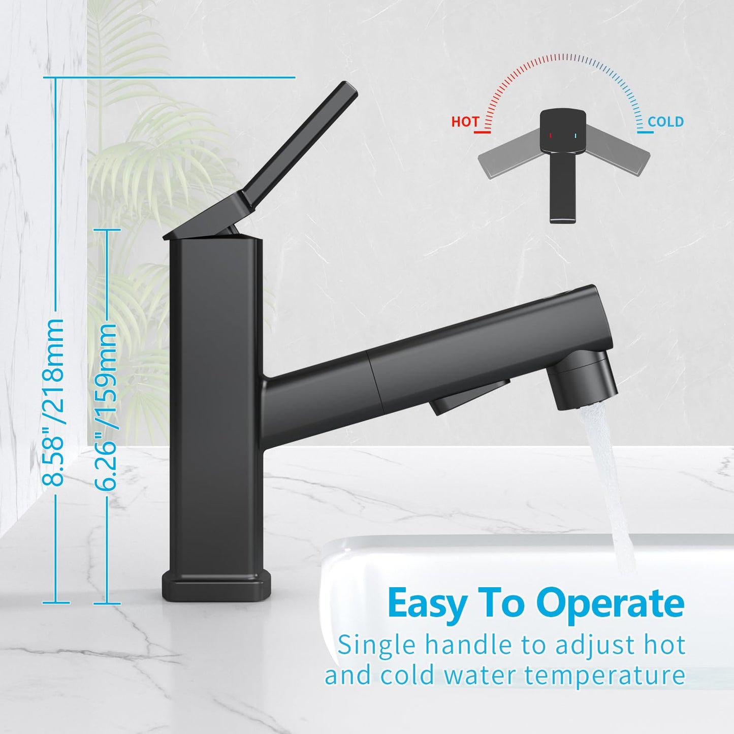 MIAOHUI Pull Out Single Hole Bathroom Faucet, 3 Spray Mode Single Handle Bathroom Faucets for Sink 1 Hole, Bathroom Sink Faucet with Pull Down Sprayer, Vanity Faucet with Fountain Mode, Matte Black