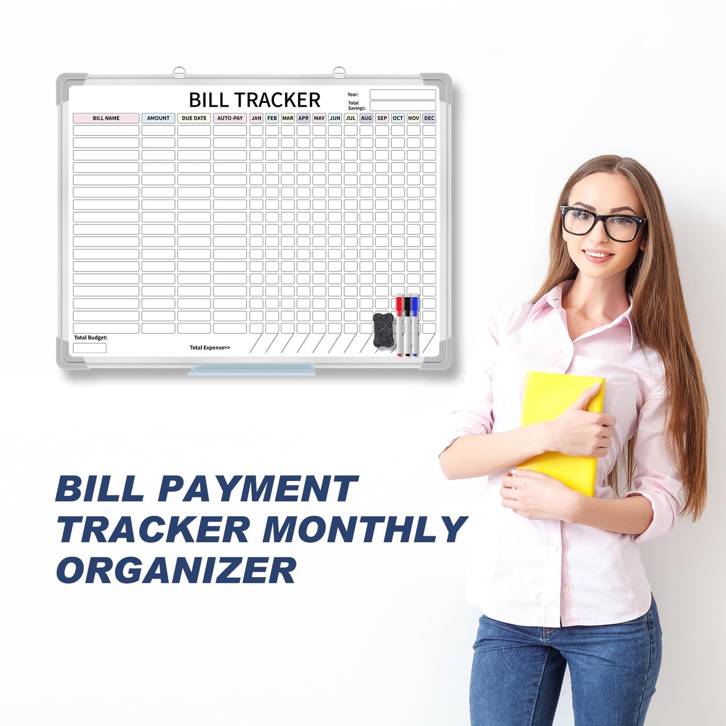 Feifeiya 24 x 18 Inch Monthly Bill Payment Tracker Whiteboard, Magnetic Dry Erase Budget Organizer, Aluminum Frame Wall Planner for Manage Personal Finance 12 Month(Classic)