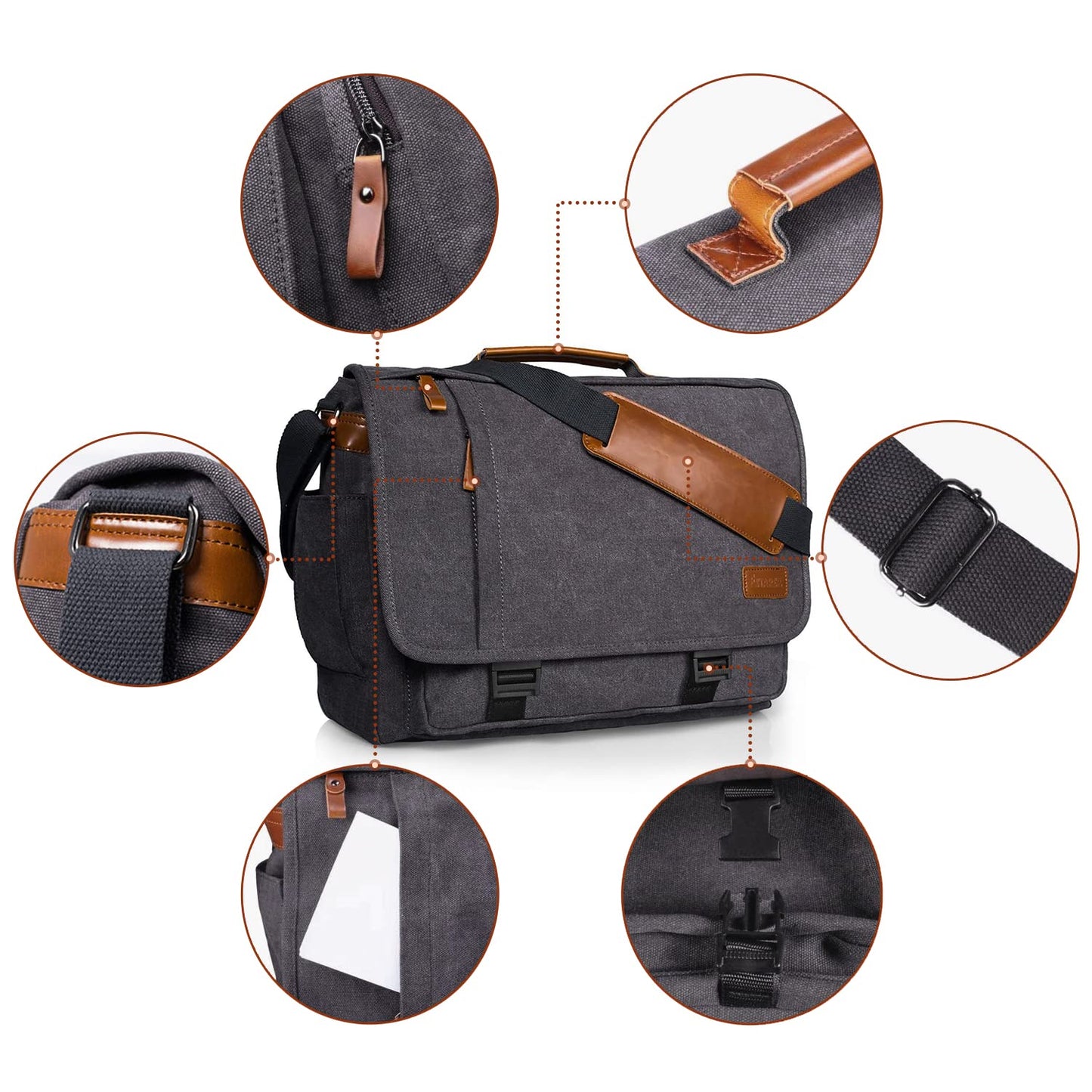ESTARER Messenger Bag for Men 17-17.3 Inch Laptop Bag Water-resistant Canvas Computer Shoulder Bag Briefcase for Work College Travel, Grey