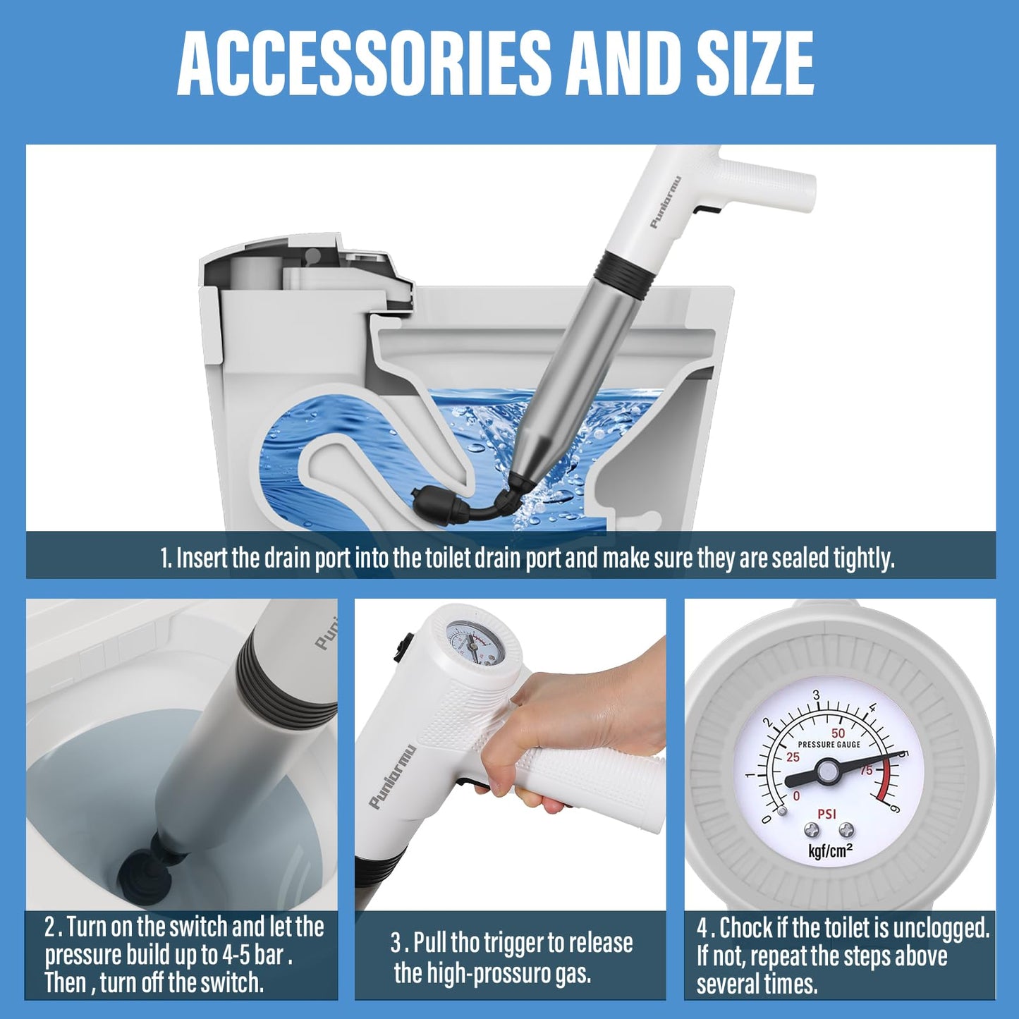 Puniarmu Electric Toilet Plunger,Unclog In One Shot,Remover For Bathroom,Kitchen Pipes Clog,High Pressure Air Plungers For Bathroom Heavy Duty (White)