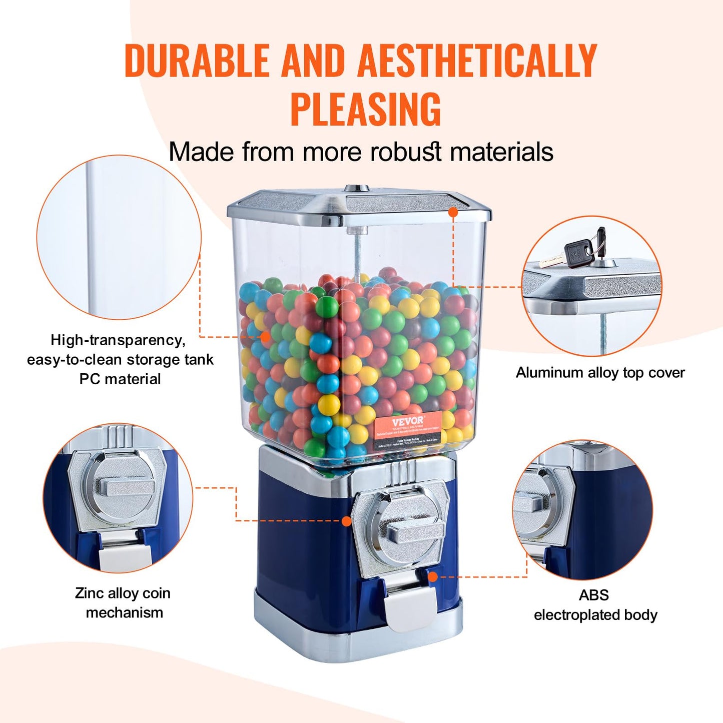 VEVOR Gumball Machine, 17"H Home Candy Vending Machine, PC Gumball Dispenser, Bubble Gum Machine for Game Stores, Coin Operated Gumball Bank for Toy Capsules Bouncy Balls Candy, Blue