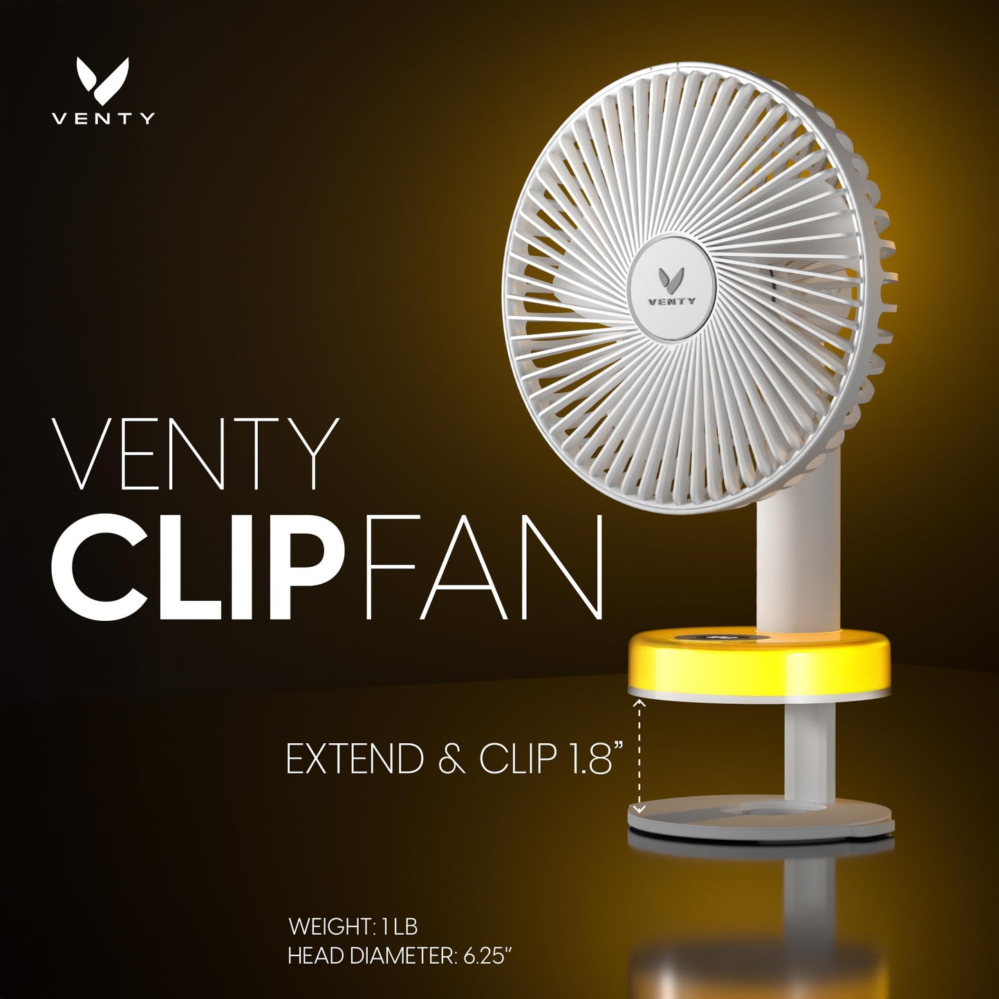 VENTY Portable Clip Fan - Rechargeable 10-Hour Battery Portable Fan - 360° Rotation & 90° Tilt - Stroller Fan, Desk Fan or Bedside Fan - Aromatherapy & LED Light - USB-C Cable & Carrying Pouch
